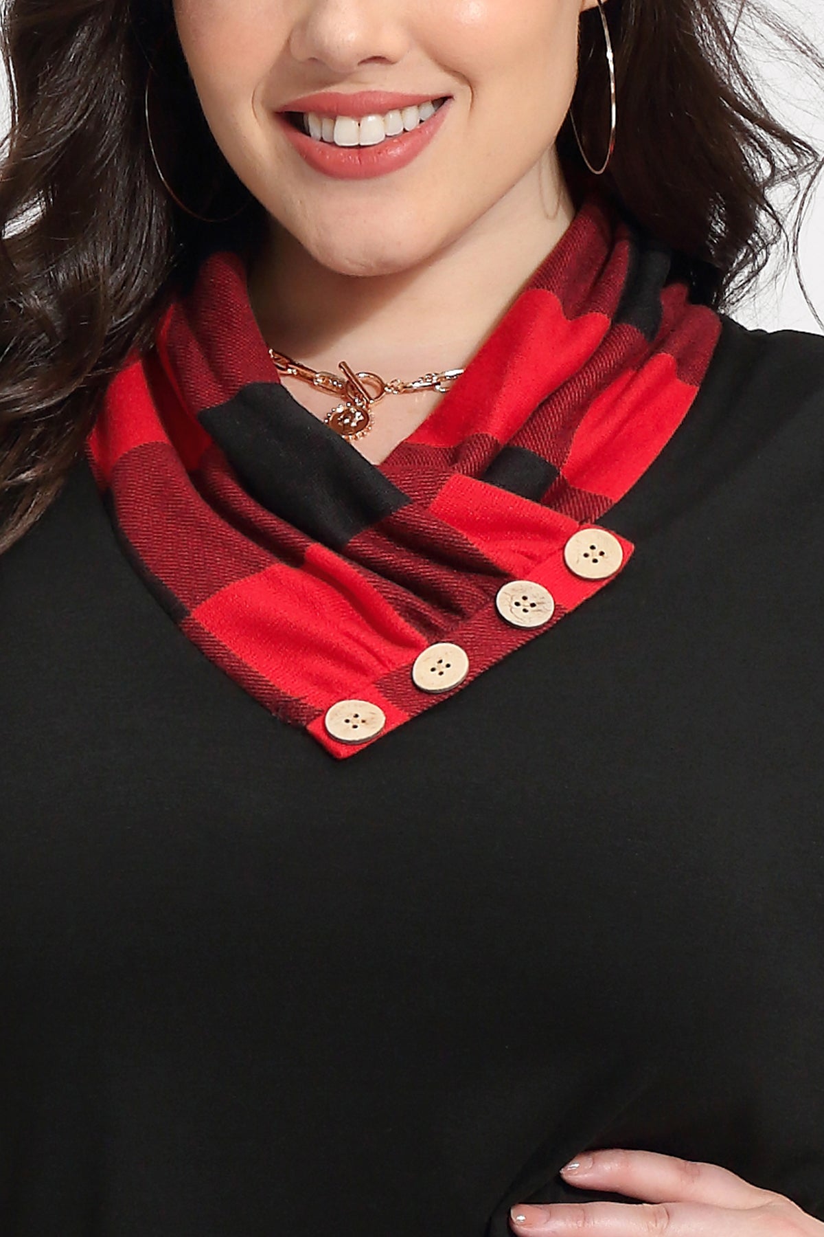 Colorblock Plaid Cowl Neck Tunic T-Shirt