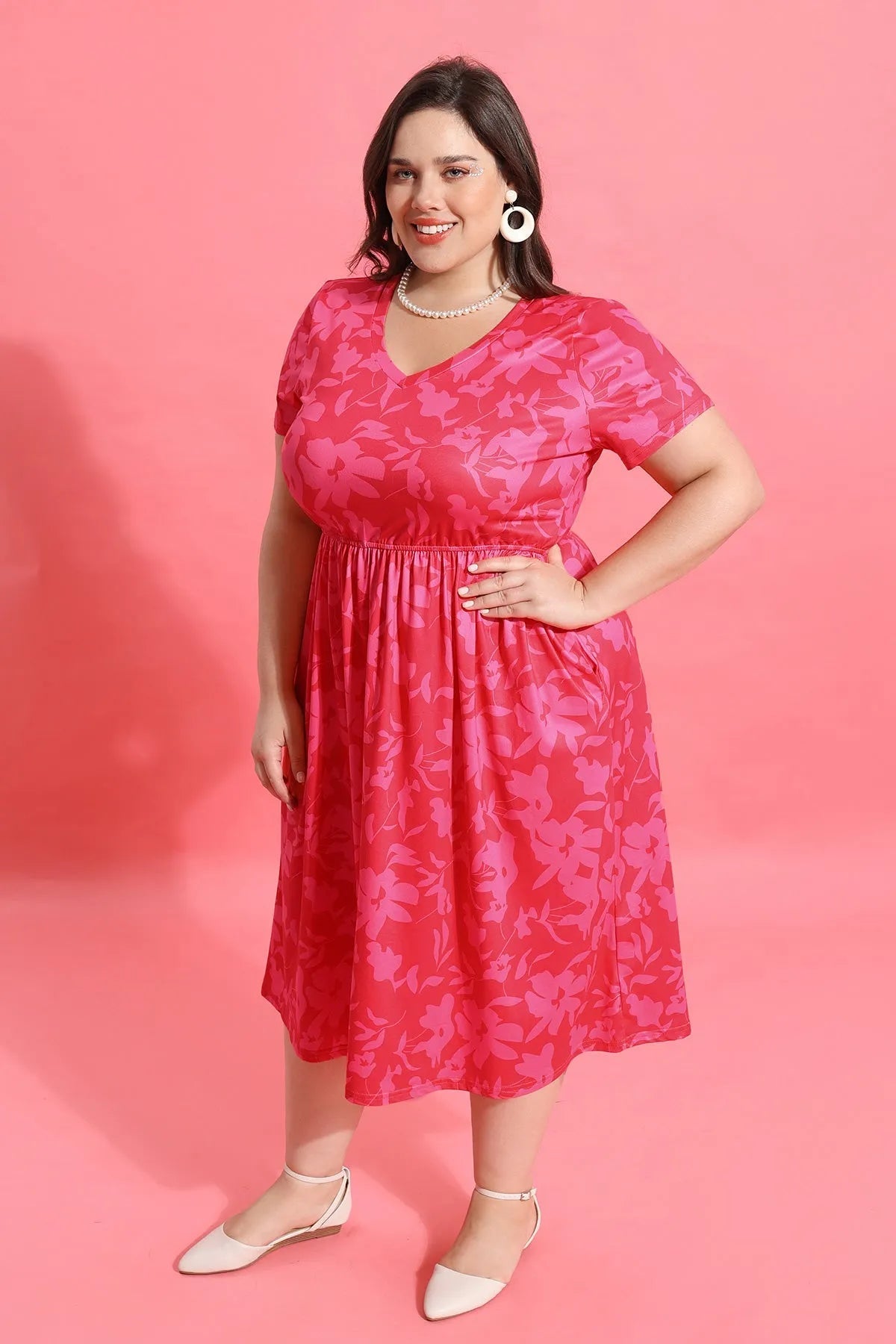 Pockets Floral Print Elastic Waist A-line Midi Dress