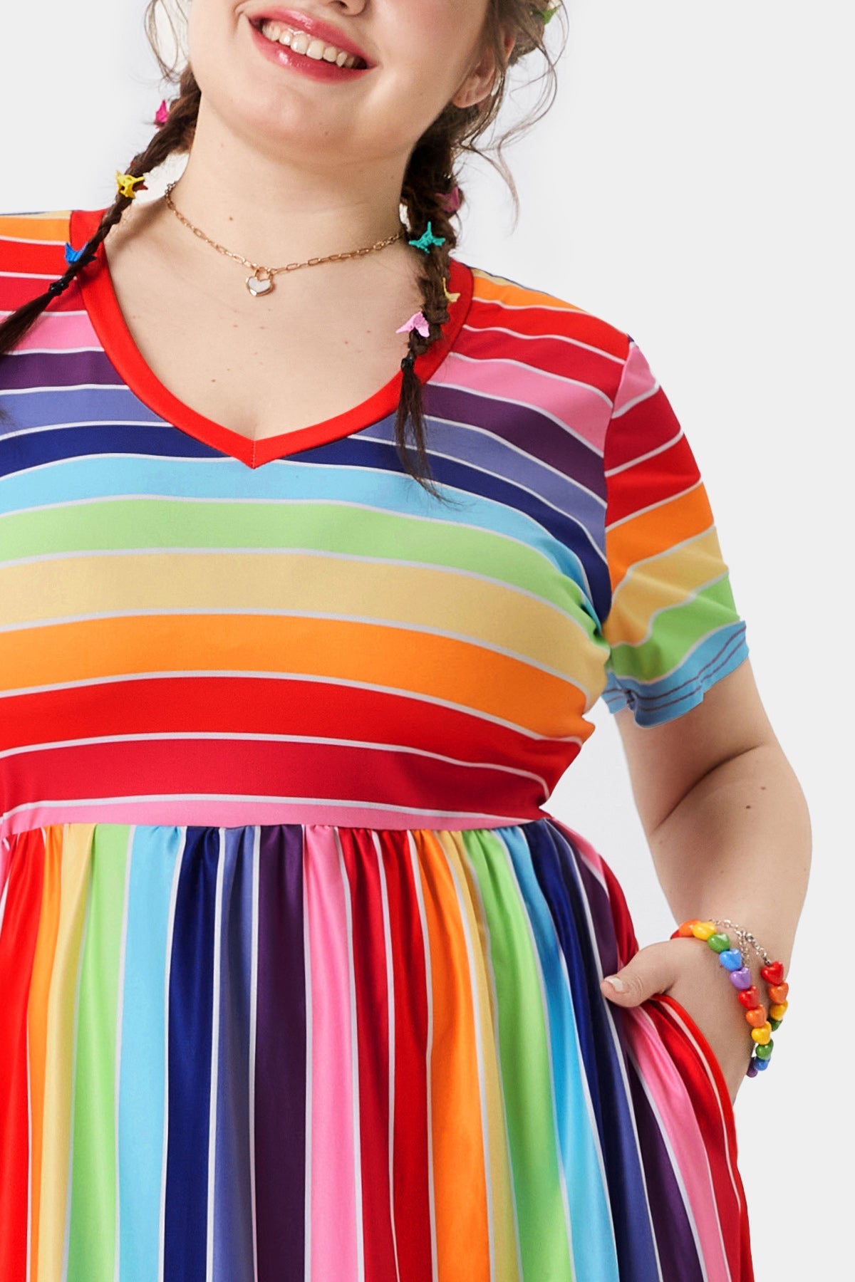 Pockets Elastic Rainbow Striped Midi Dress