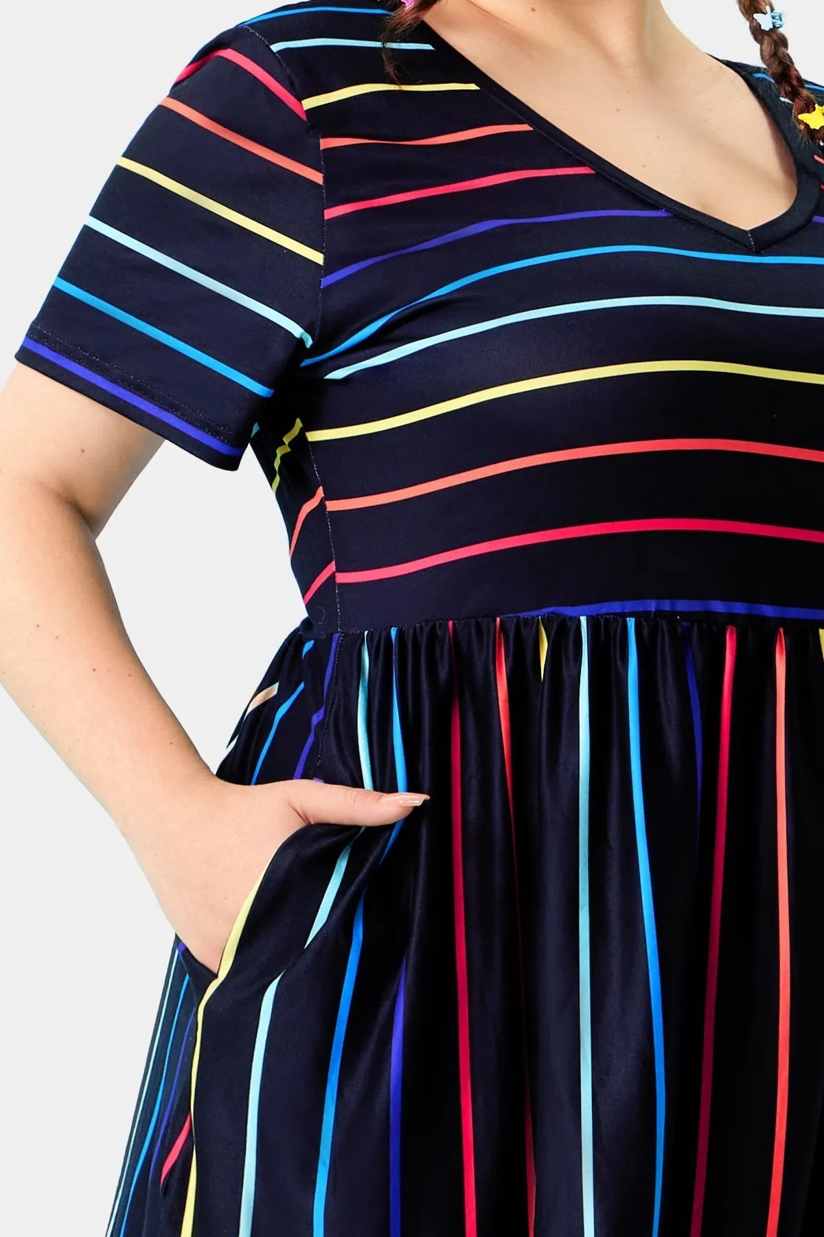 Pockets Elastic Rainbow Striped Midi Dress