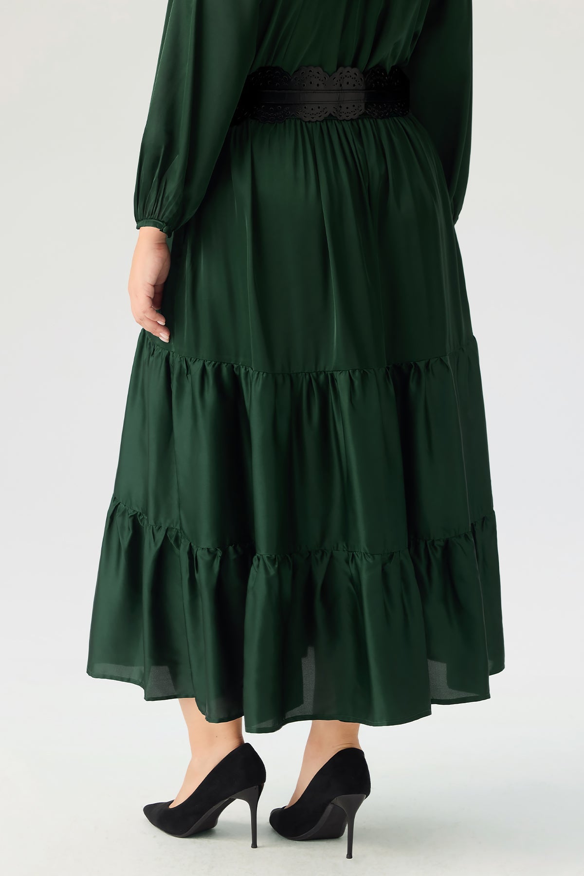 Satin Notch Neck Pocket Tiered Maxi Dress