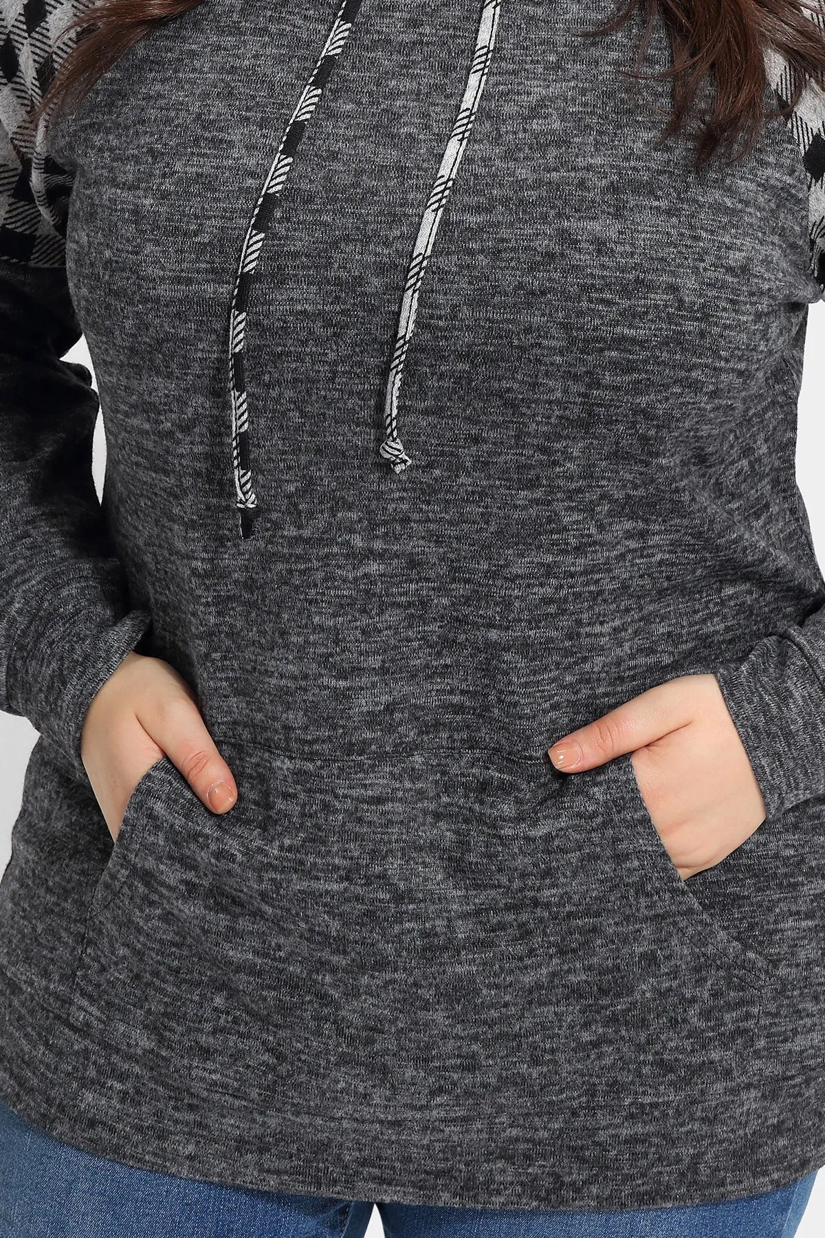 Raglan Plaid Drawstring French Velvet Hoodie