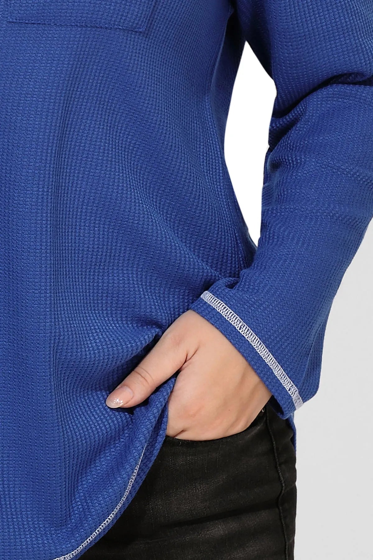 Texture Knitted V Neck Pocket Long Sleeve T-Shirt