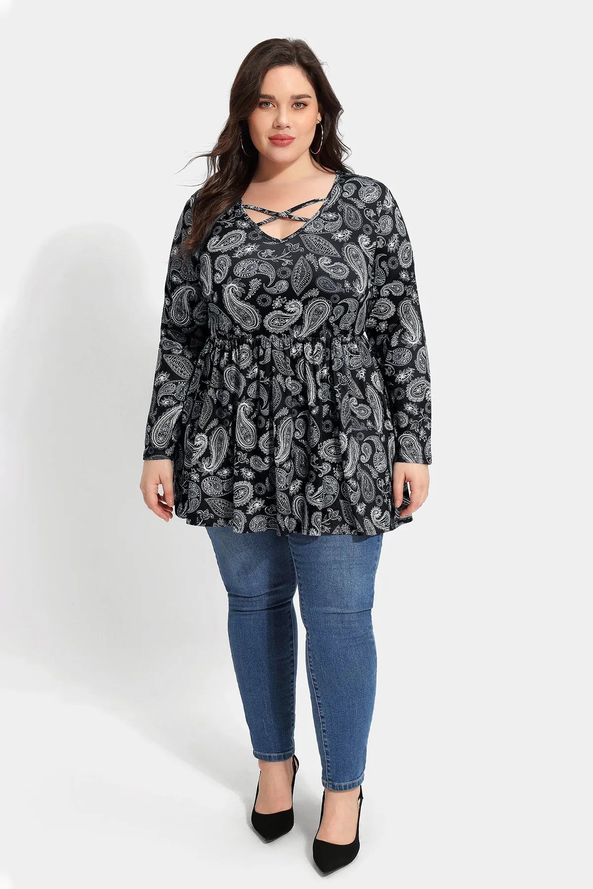 Floral Crisscross V-neck Pleated Tunic T-Shirt