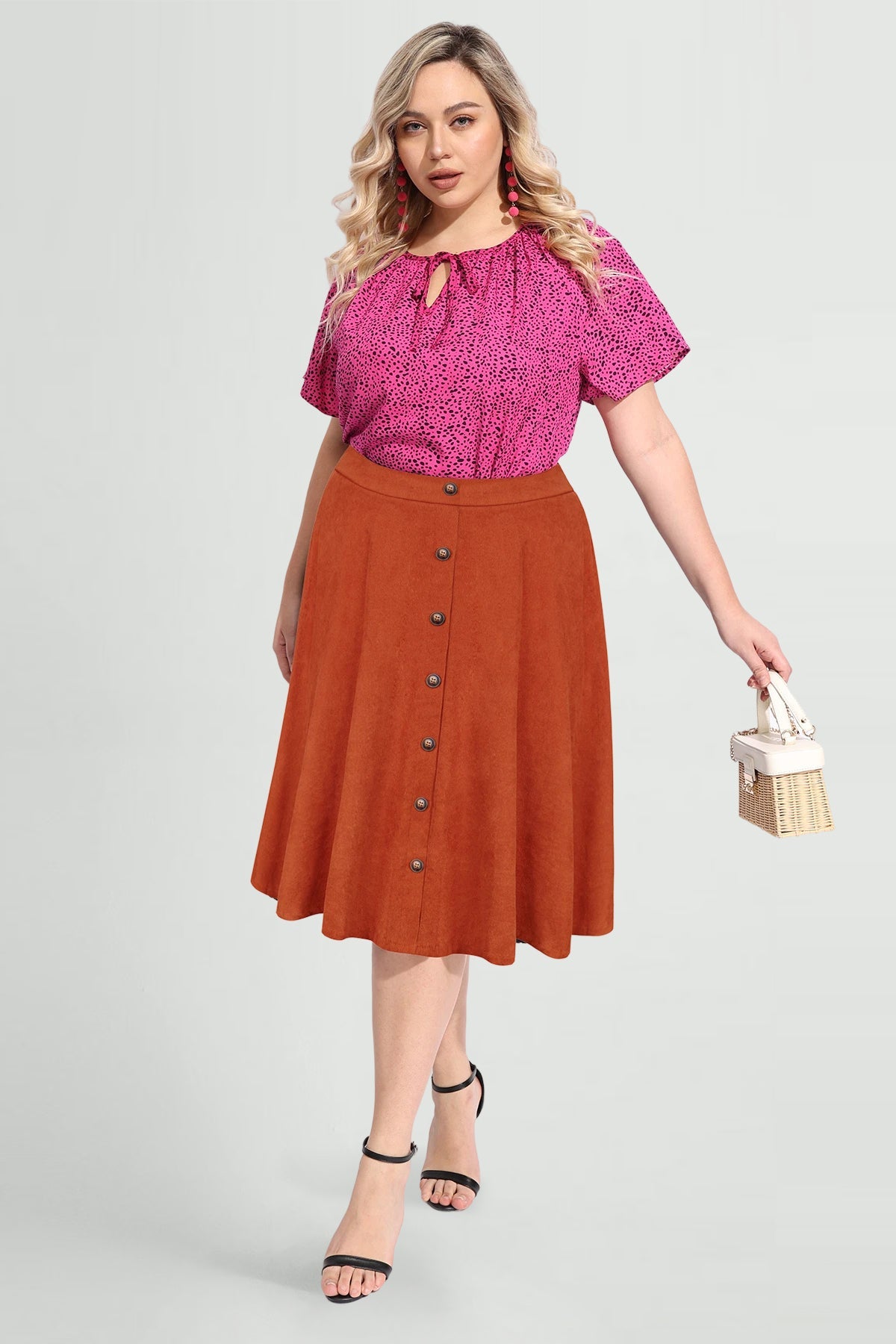 Solid Button Detail Zipper Rise Waist Midi Skirt