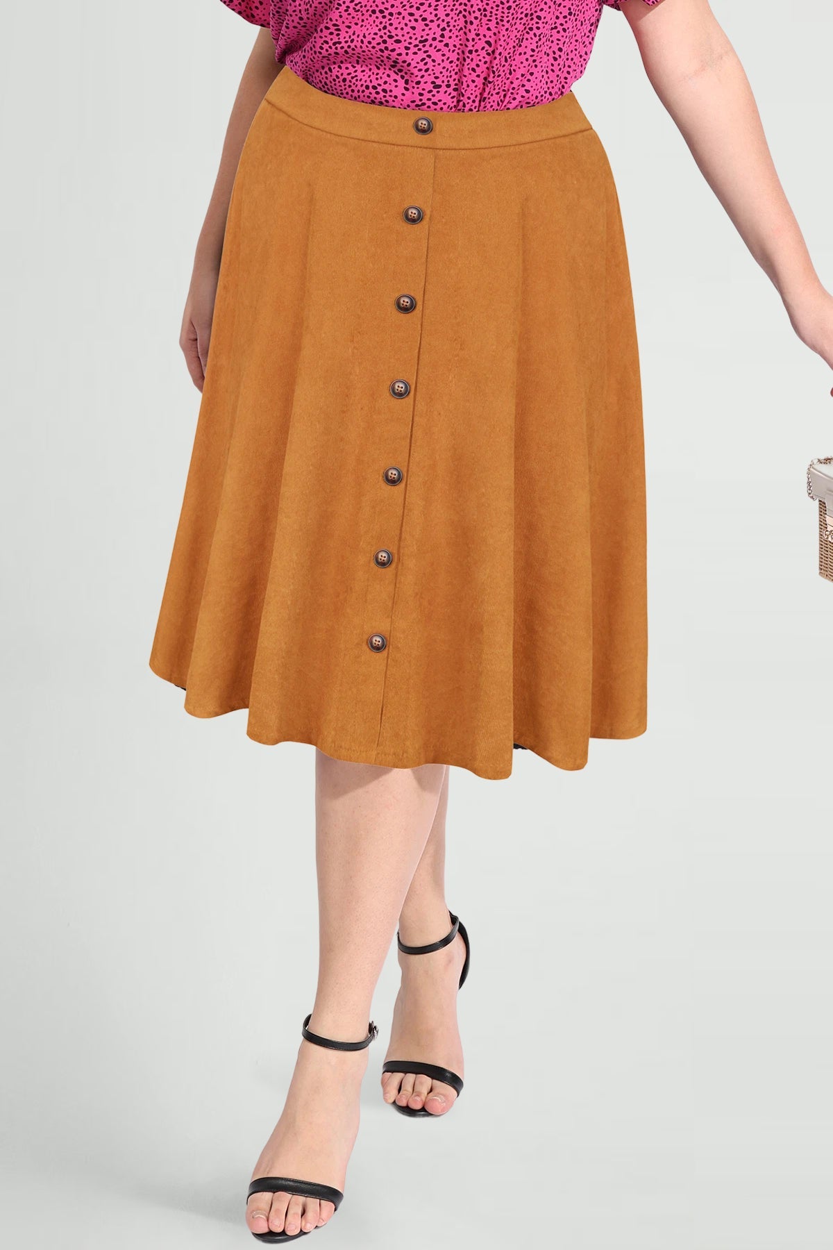 Solid Button Detail Zipper Rise Waist Midi Skirt
