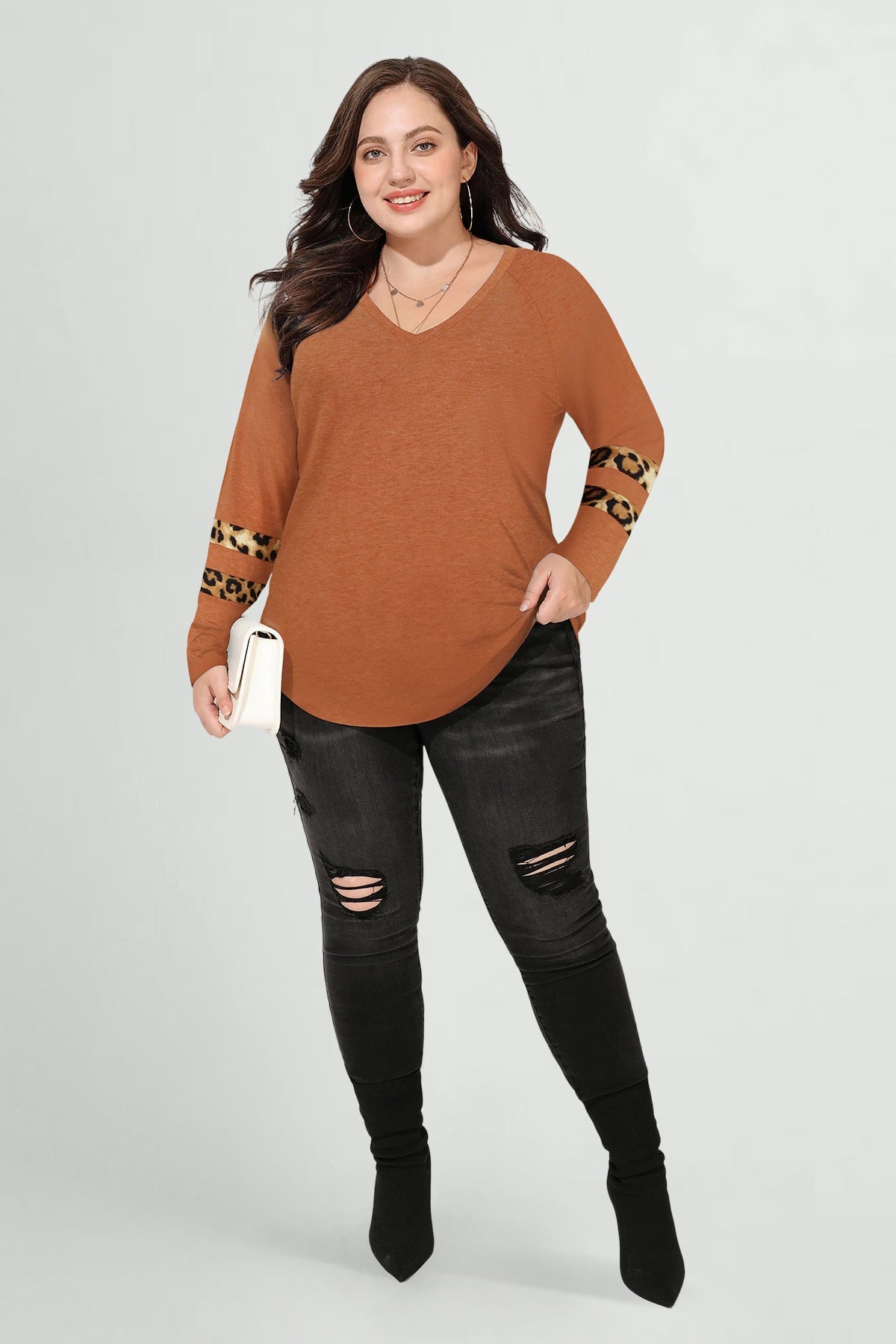 Colorblock Leopard V Neck Long Sleeve T-Shirt
