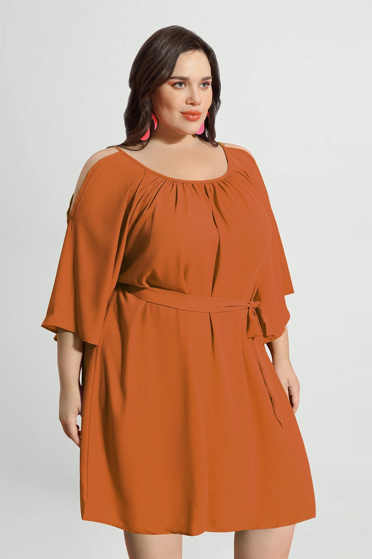 Solid Lace-up Crewneck Pleated Mini Dress