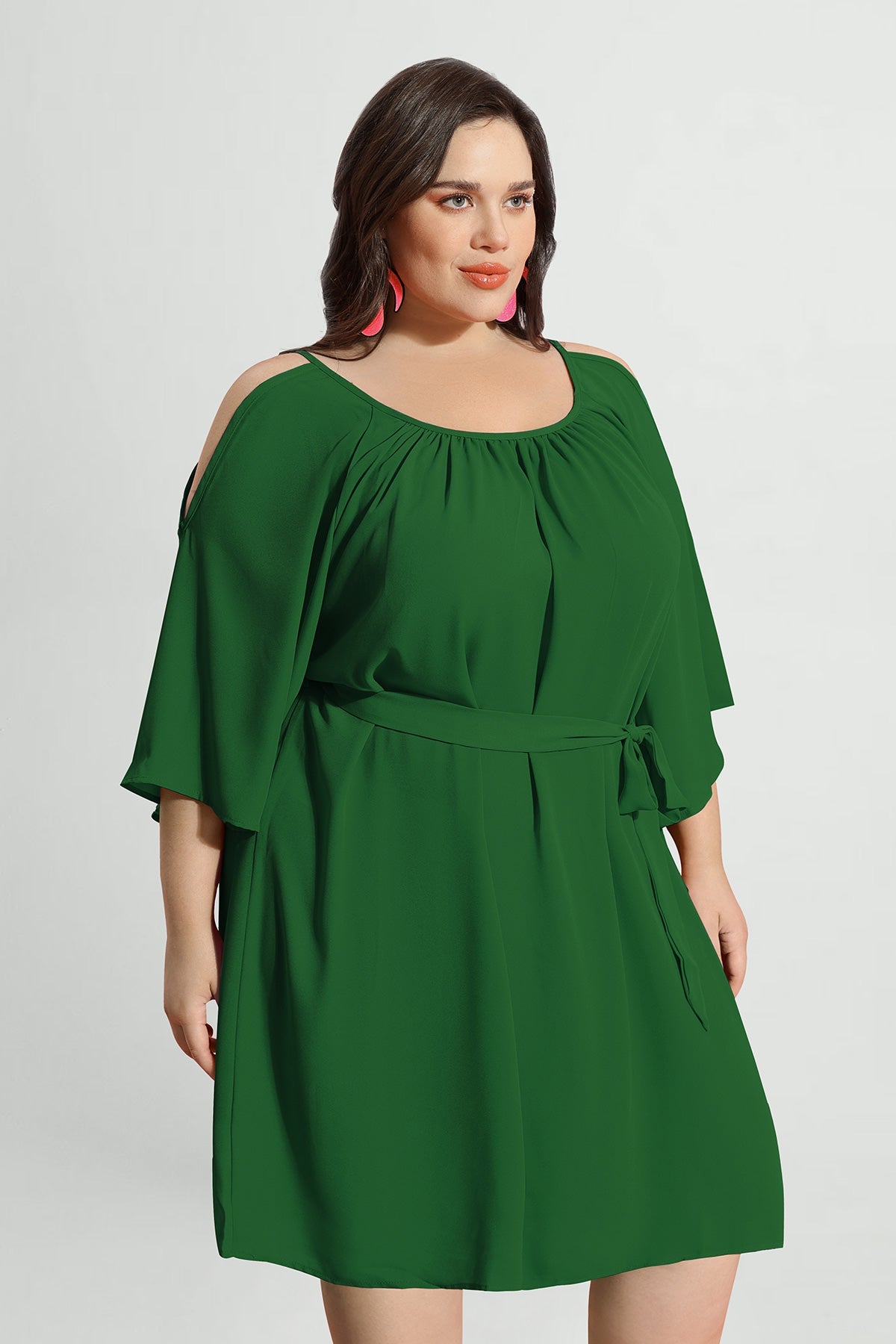 Solid Lace-up Crewneck Pleated Mini Dress