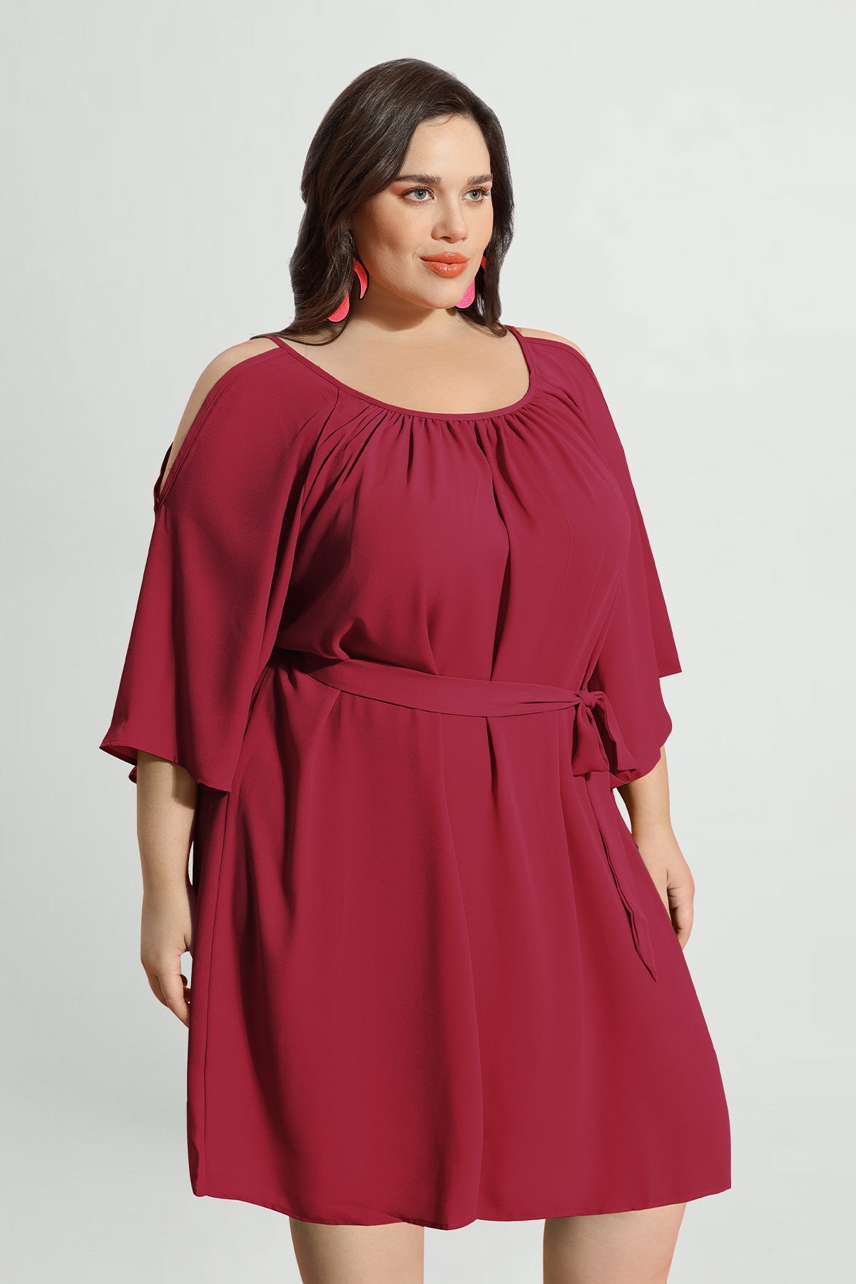 Solid Lace-up Crewneck Pleated Mini Dress