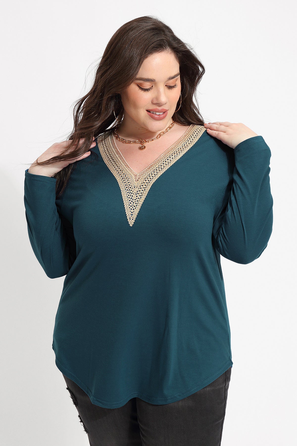 Solid Sexy Lace V-neck Long Sleeve T-Shirt