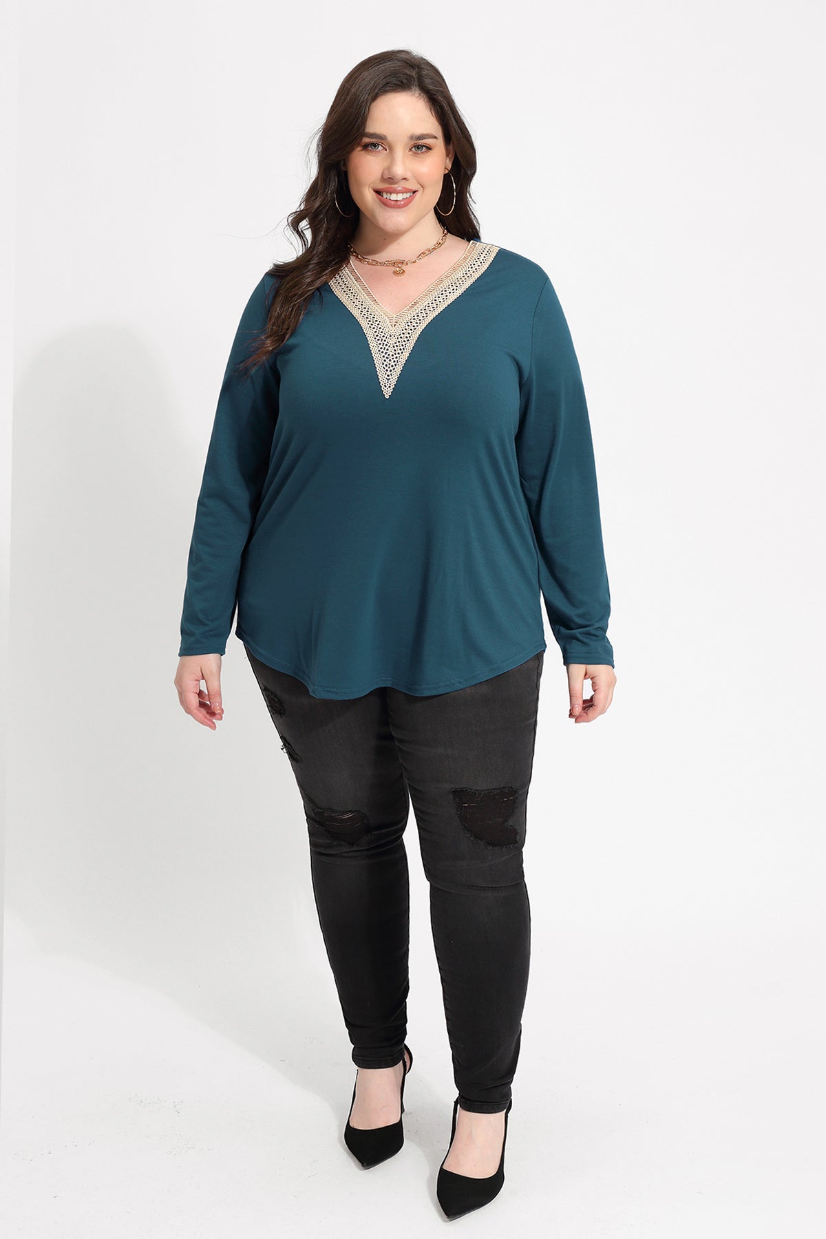 Solid Sexy Lace V-neck Long Sleeve T-Shirt