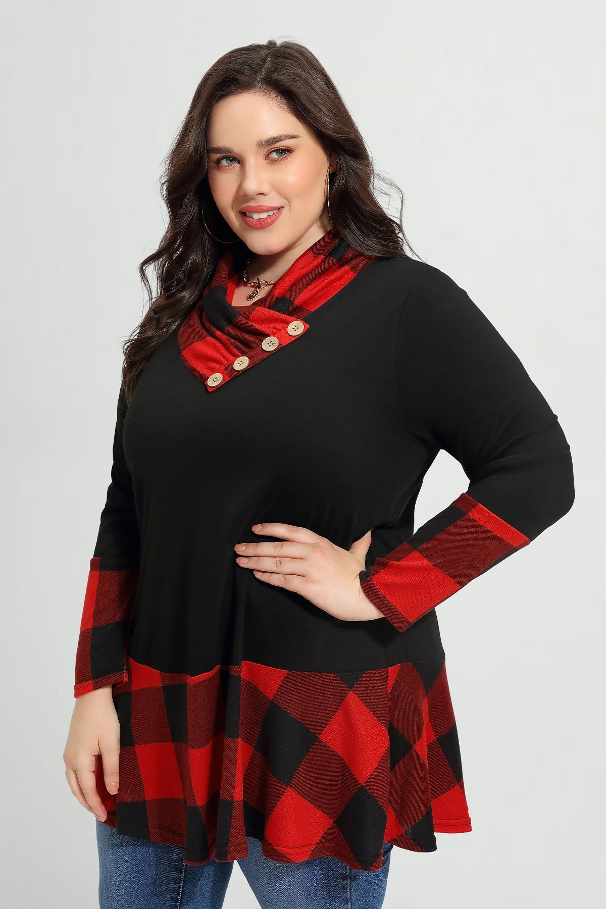 Colorblock Plaid Cowl Neck Tunic T-Shirt