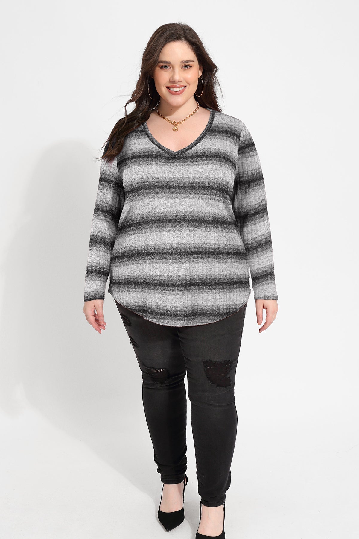 Ritera Striped V Neck Long Sleeve T-Shirt