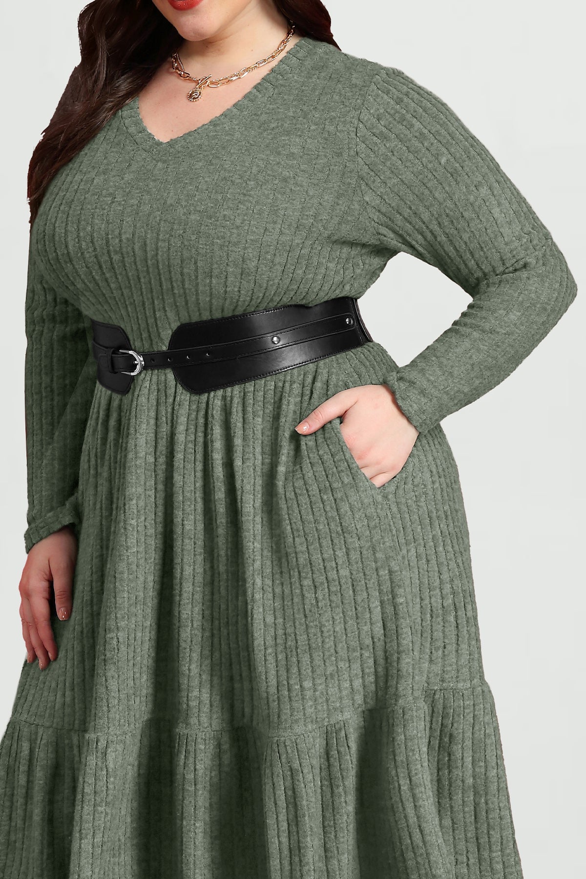 Pockets Rib Knit Elastic Midi Dress