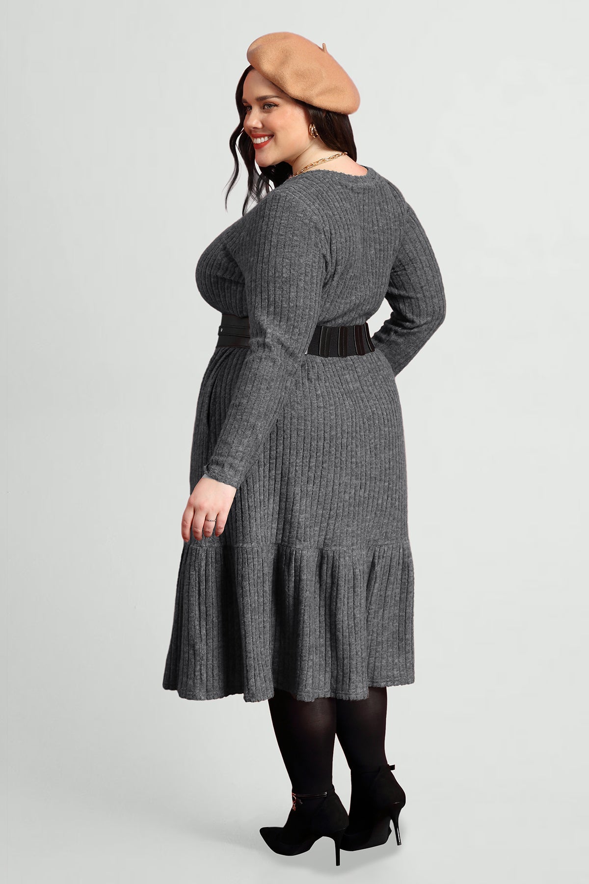 Ritera Solid Rib Knit Ruffle Hem Pleated Midi Dress With Pockets