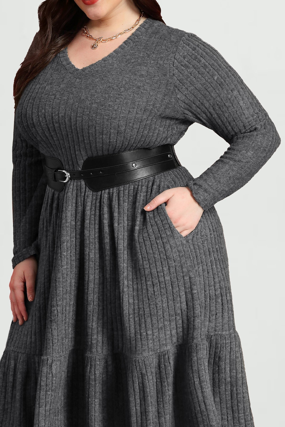 Pockets Rib Knit Elastic Midi Dress