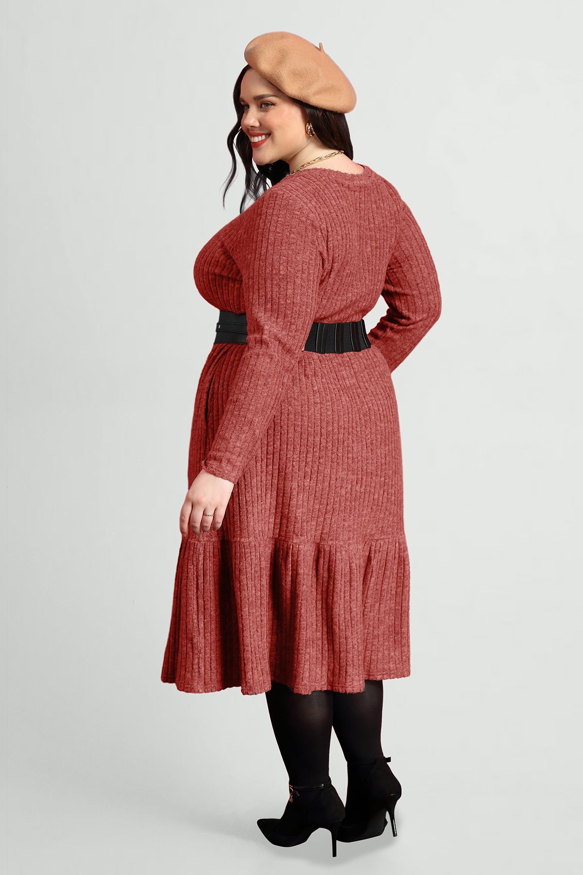 Pockets Rib Knit Elastic Midi Dress