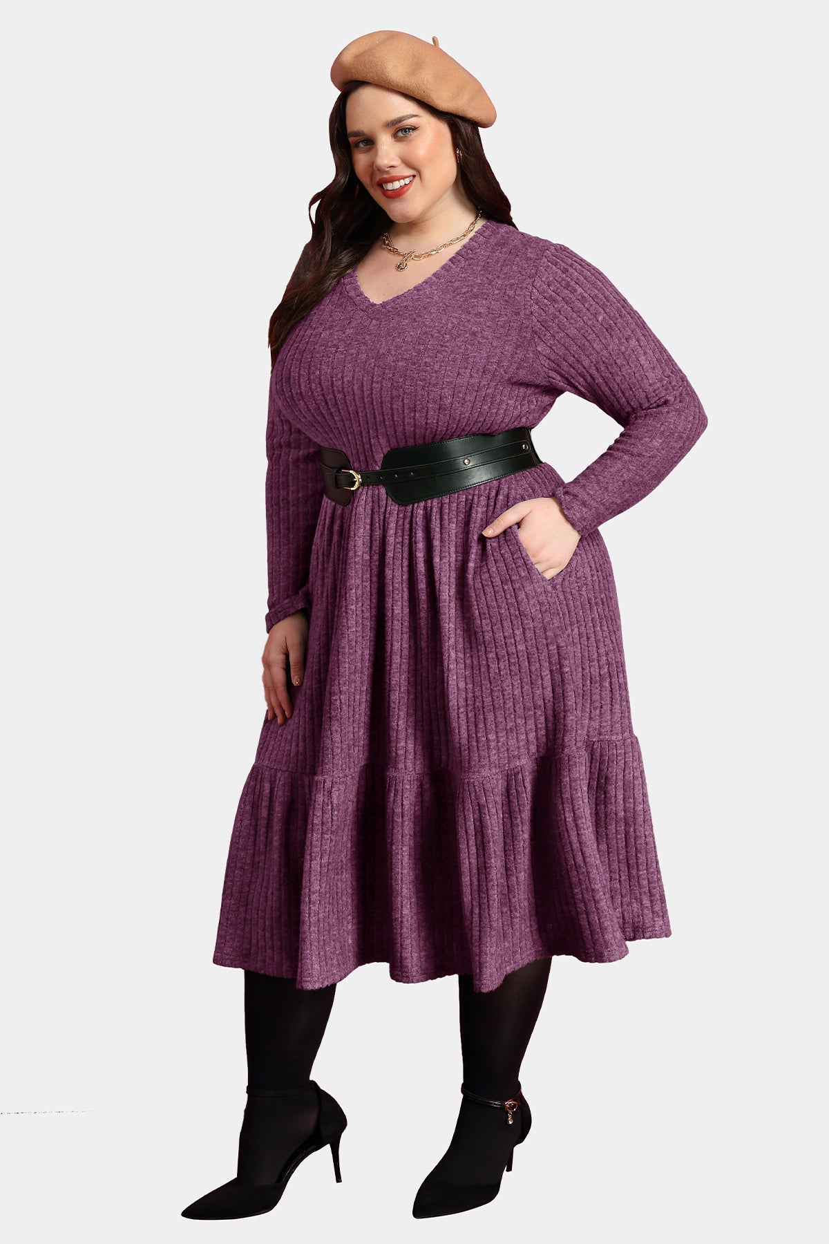 Ritera Solid Rib Knit Ruffle Hem Pleated Midi Dress With Pockets