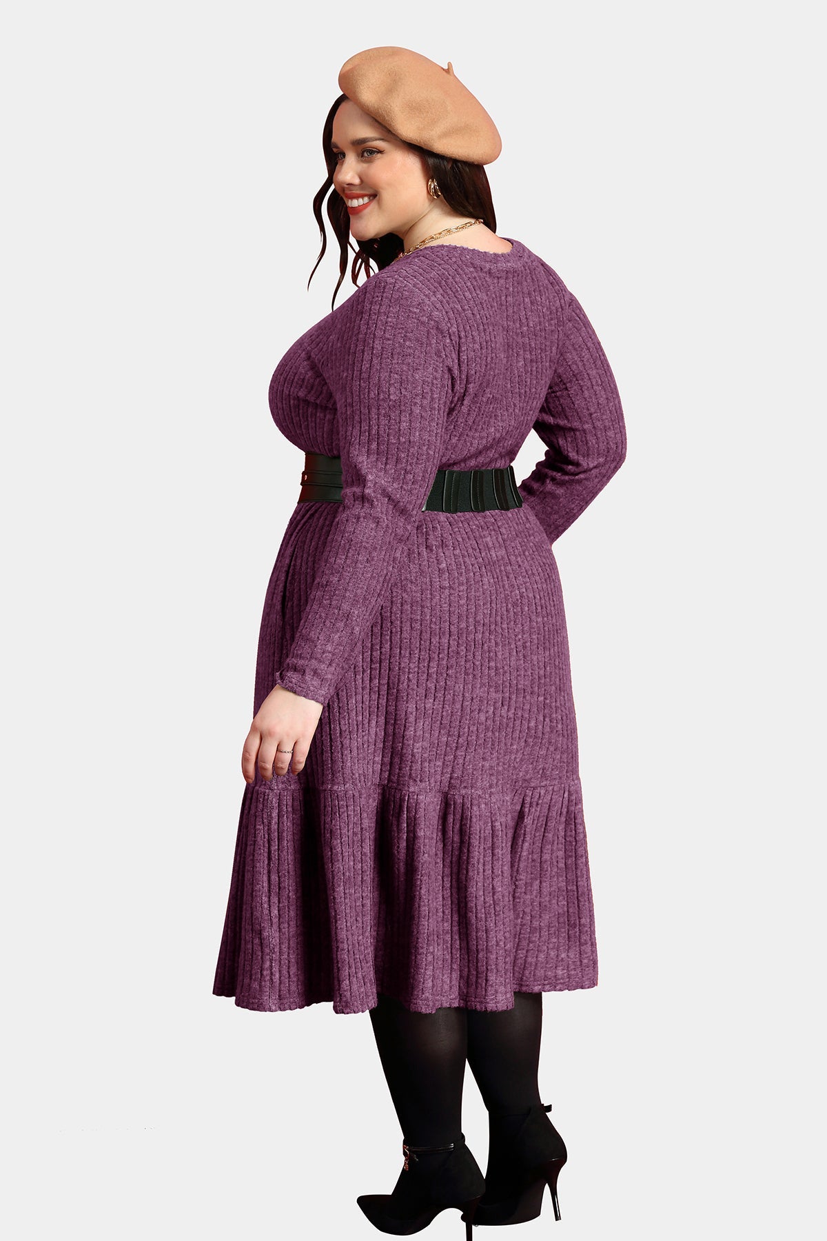 Ritera Solid Rib Knit Ruffle Hem Pleated Midi Dress With Pockets