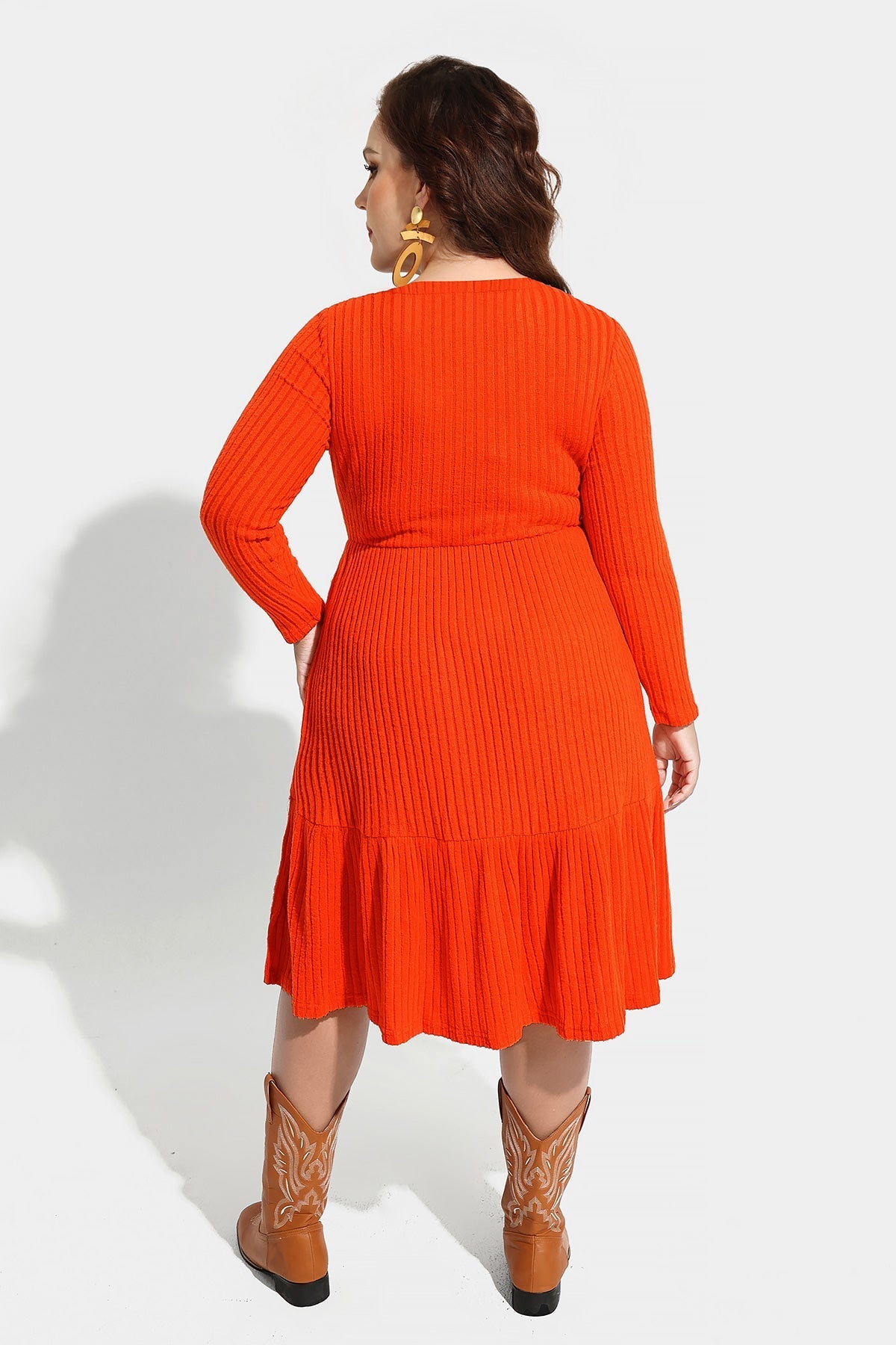 Ritera Solid Rib Knit Ruffle Hem Pleated Midi Dress With Pockets