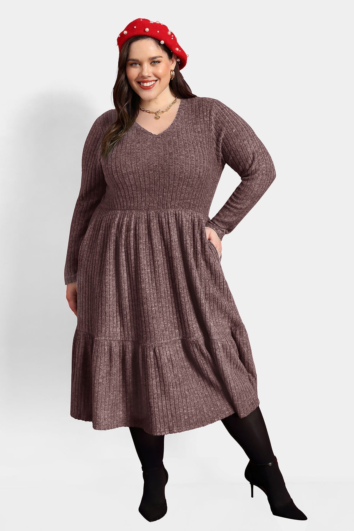 Ritera Solid Rib Knit Ruffle Hem Pleated Midi Dress With Pockets