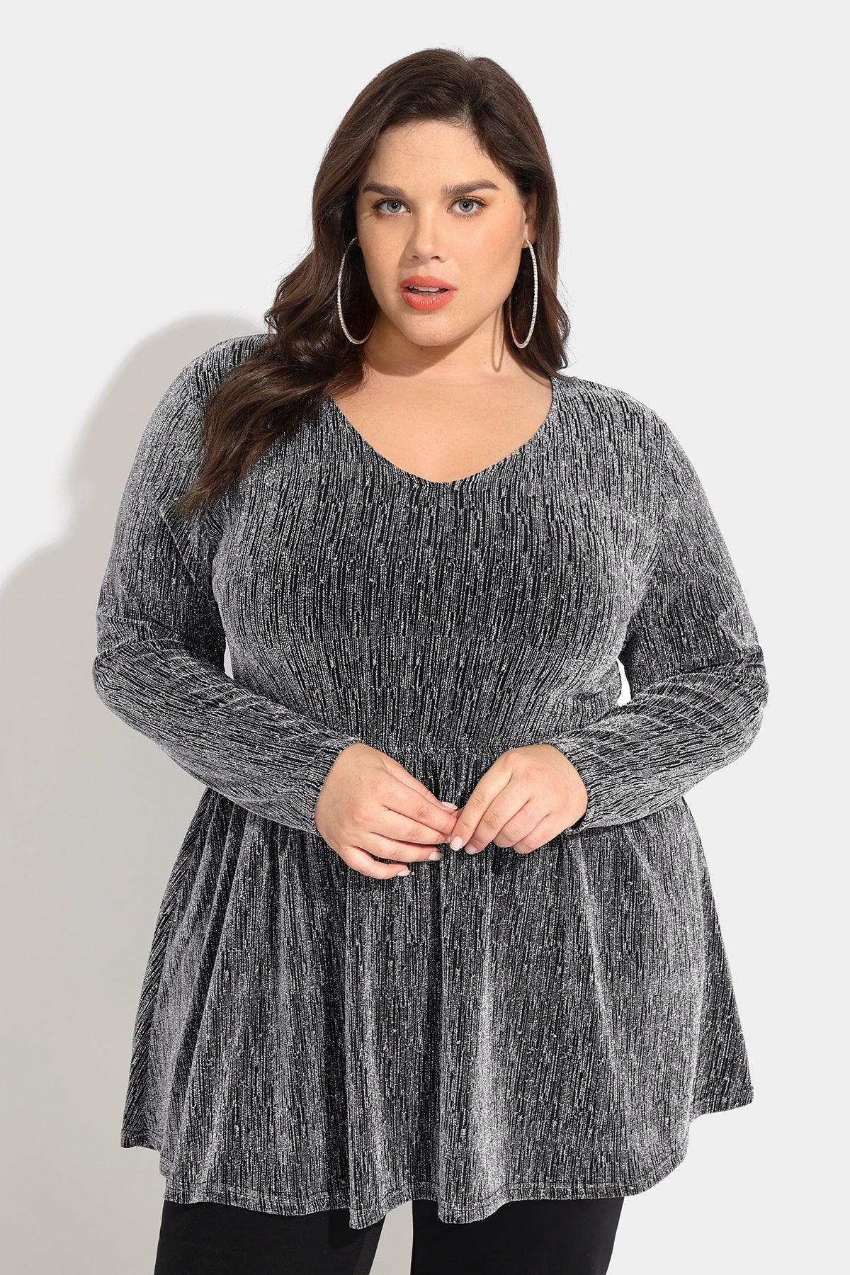 Elastic Waist Flowy Pleated Long Sleeve Tunic Shirt