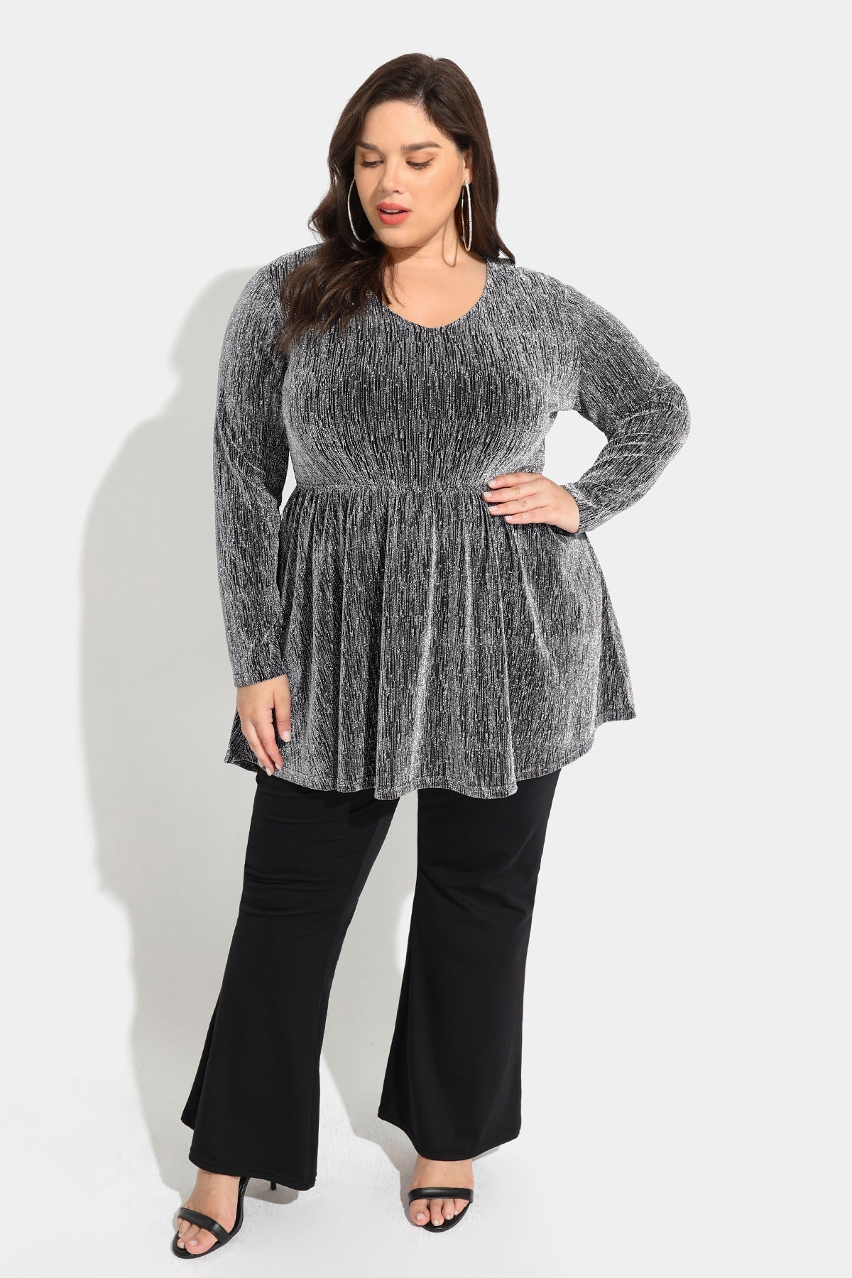 Elastic Waist Flowy Pleated Long Sleeve Tunic Shirt