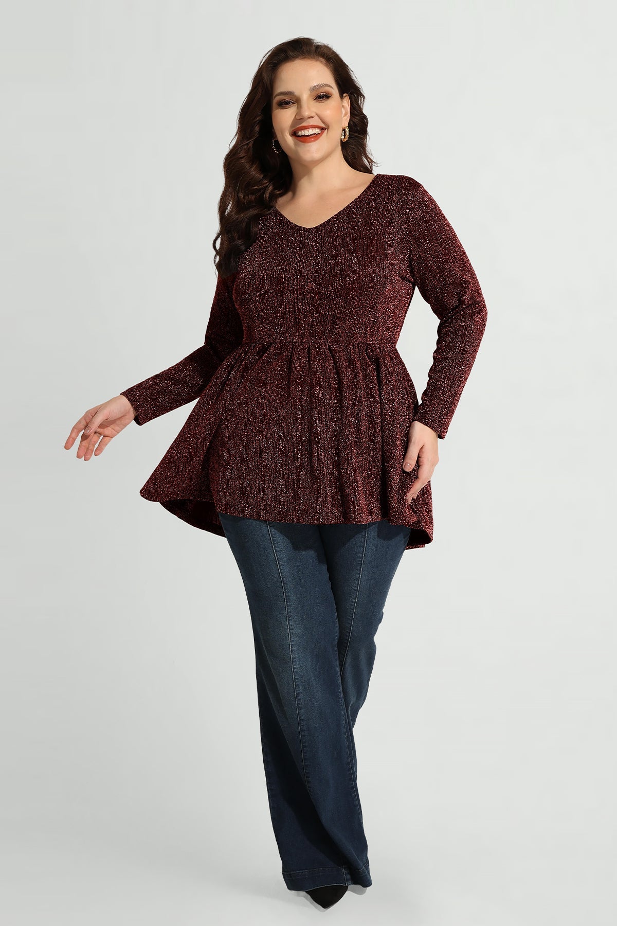 Elastic Waist Flowy Pleated Long Sleeve Tunic Shirt