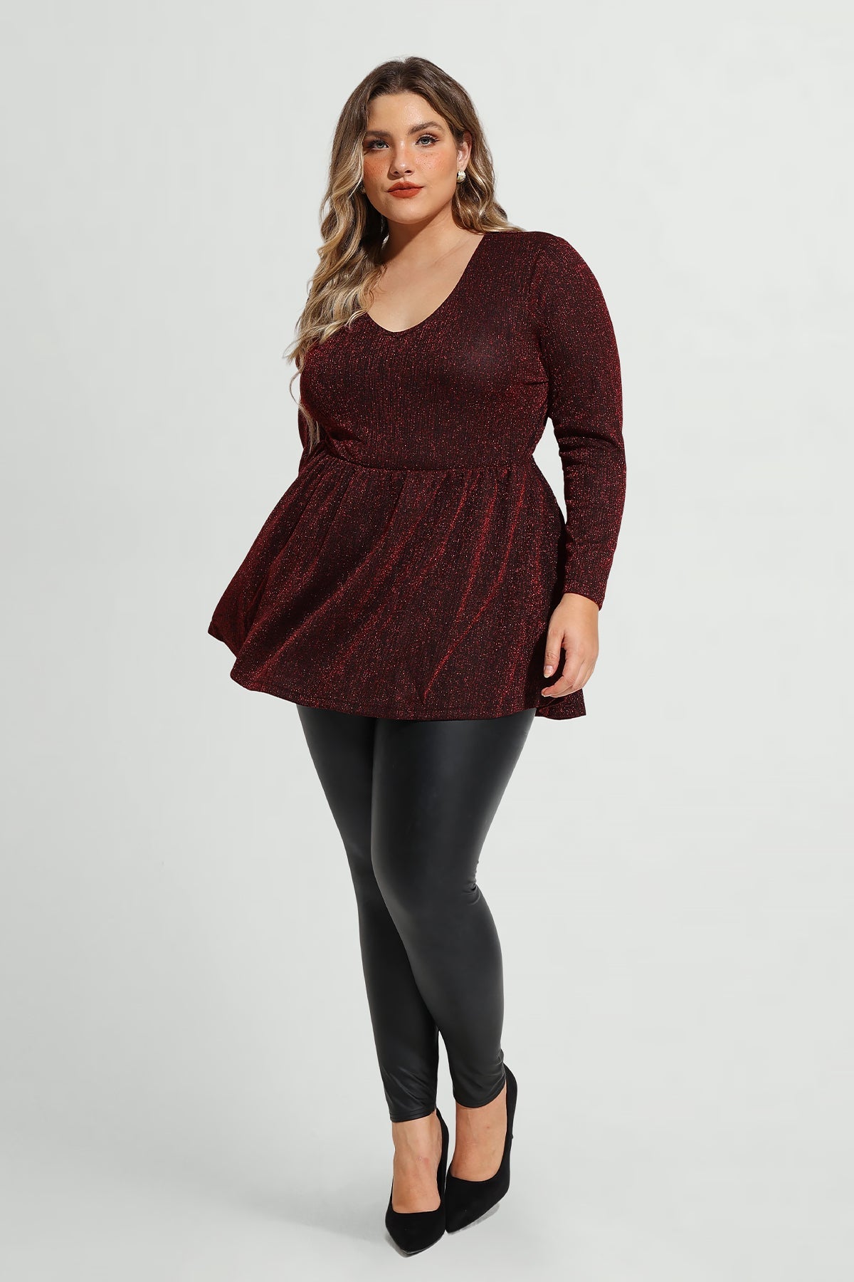 Elastic Waist Flowy Pleated Long Sleeve Tunic Shirt