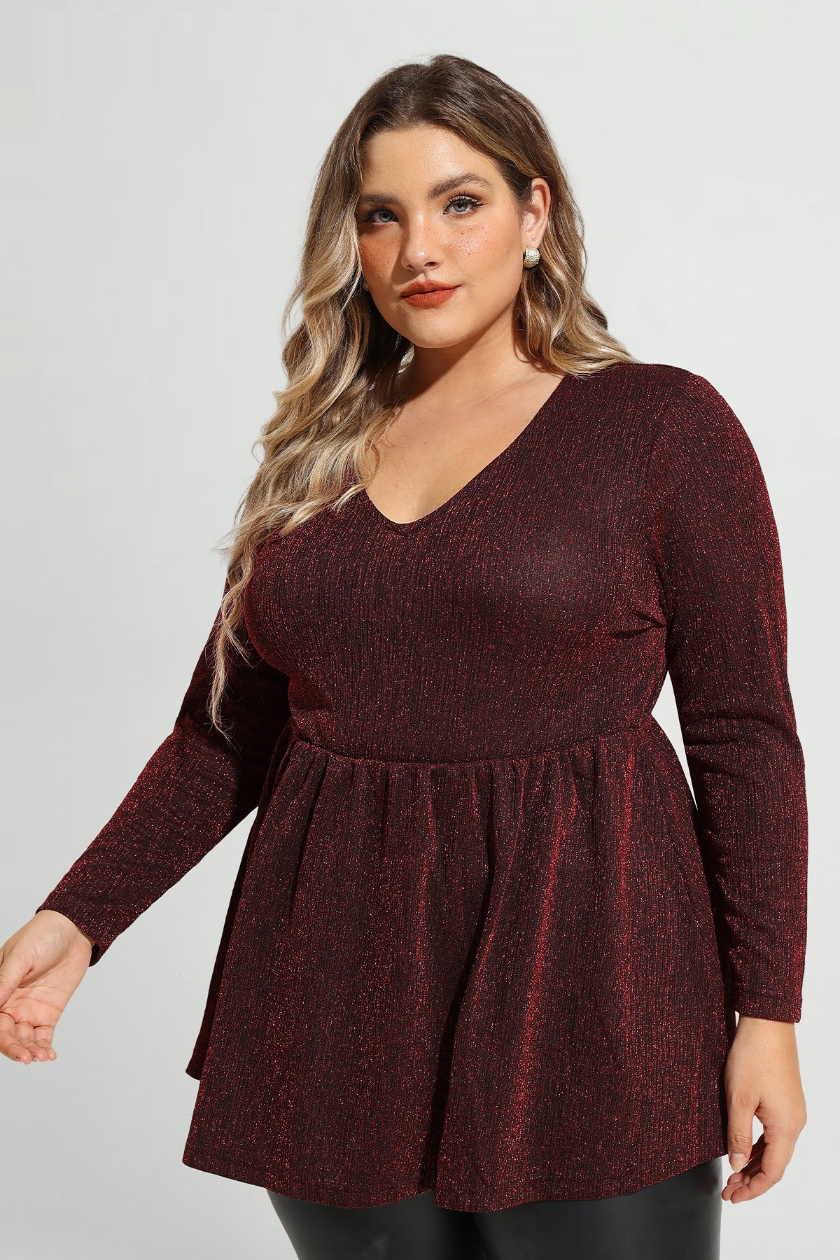 Elastic Waist Flowy Pleated Long Sleeve Tunic Shirt