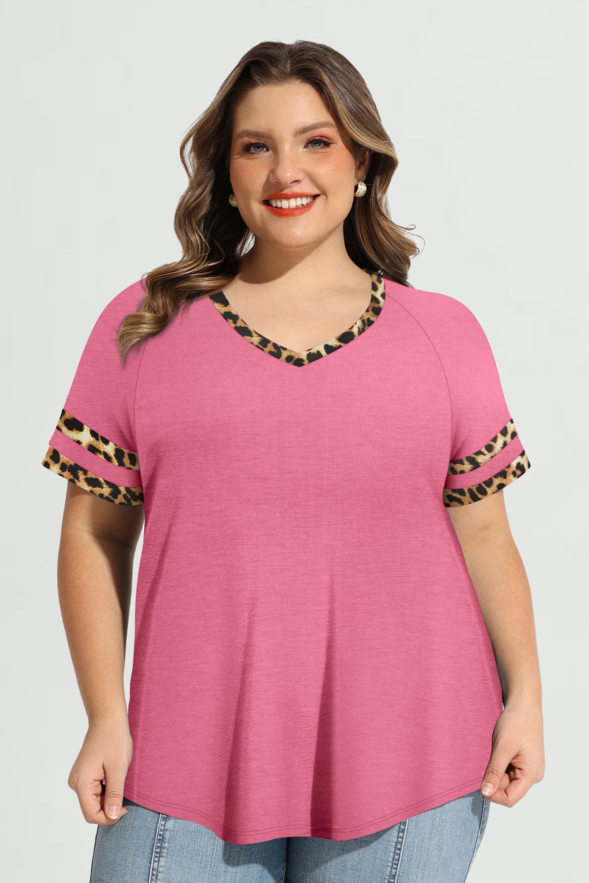 Contrast Leopard V Neck Short Sleeve T-Shirt