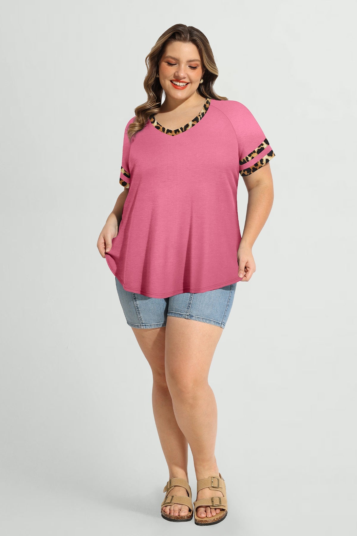 Contrast Leopard V Neck Short Sleeve T-Shirt