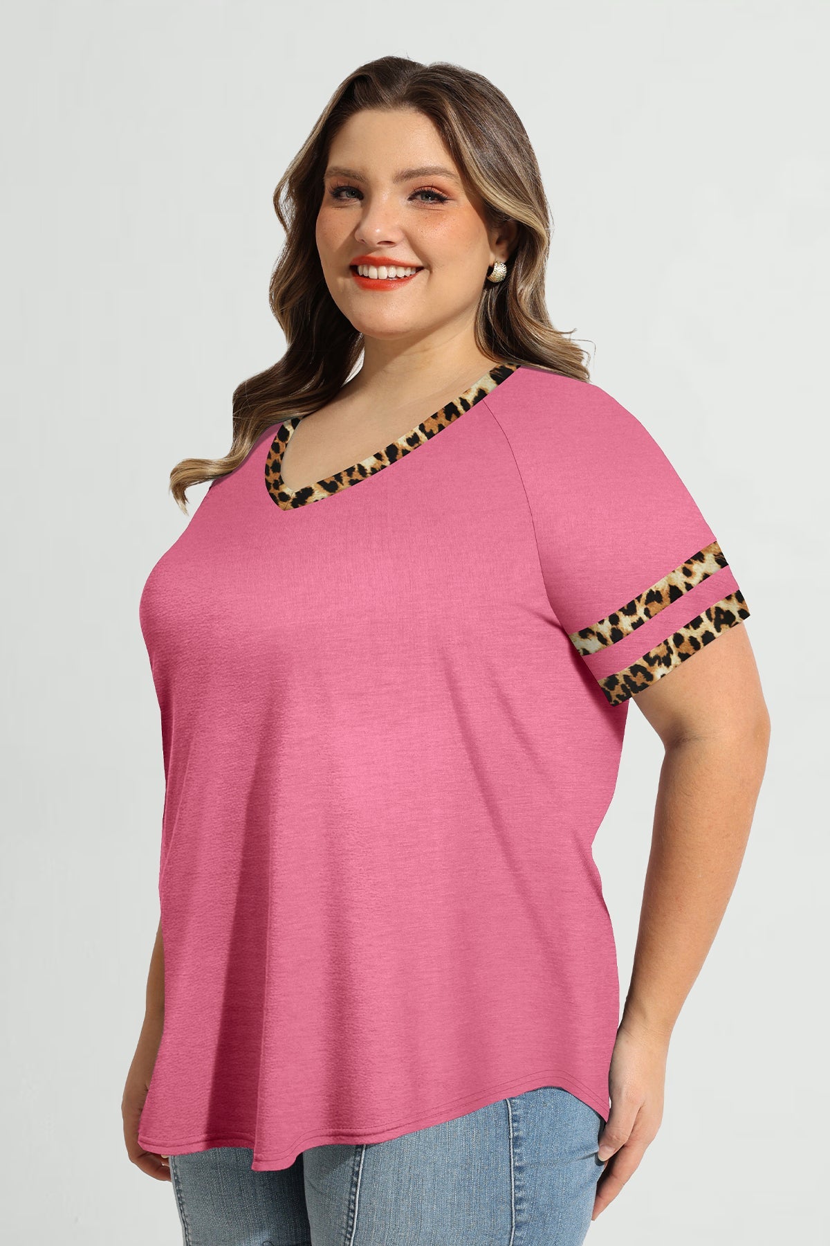 Contrast Leopard V Neck Short Sleeve T-Shirt