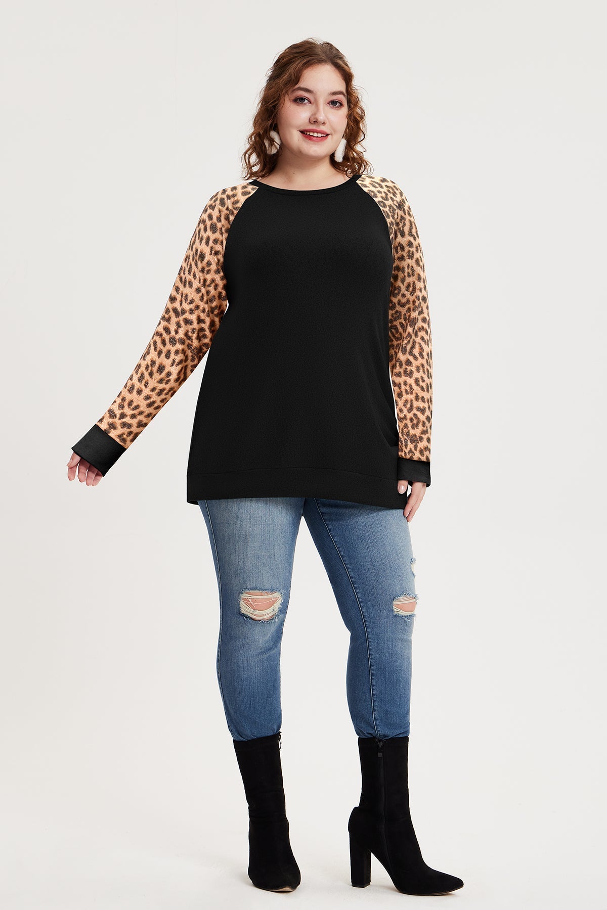 Raglan Leopard Long Sleeve Black Sweatshirt