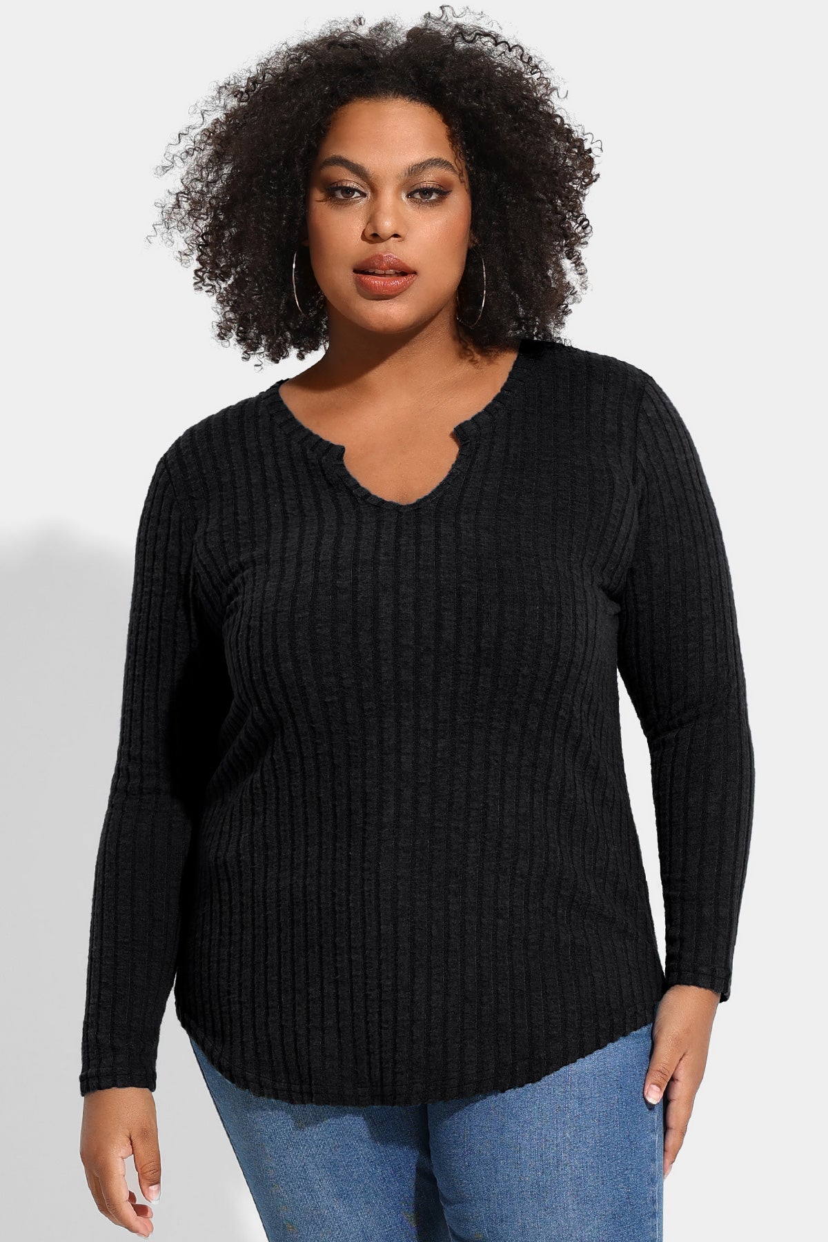 Ritera Texture Velvet Notched Neckline Basic Long Sleeve T-Shirt