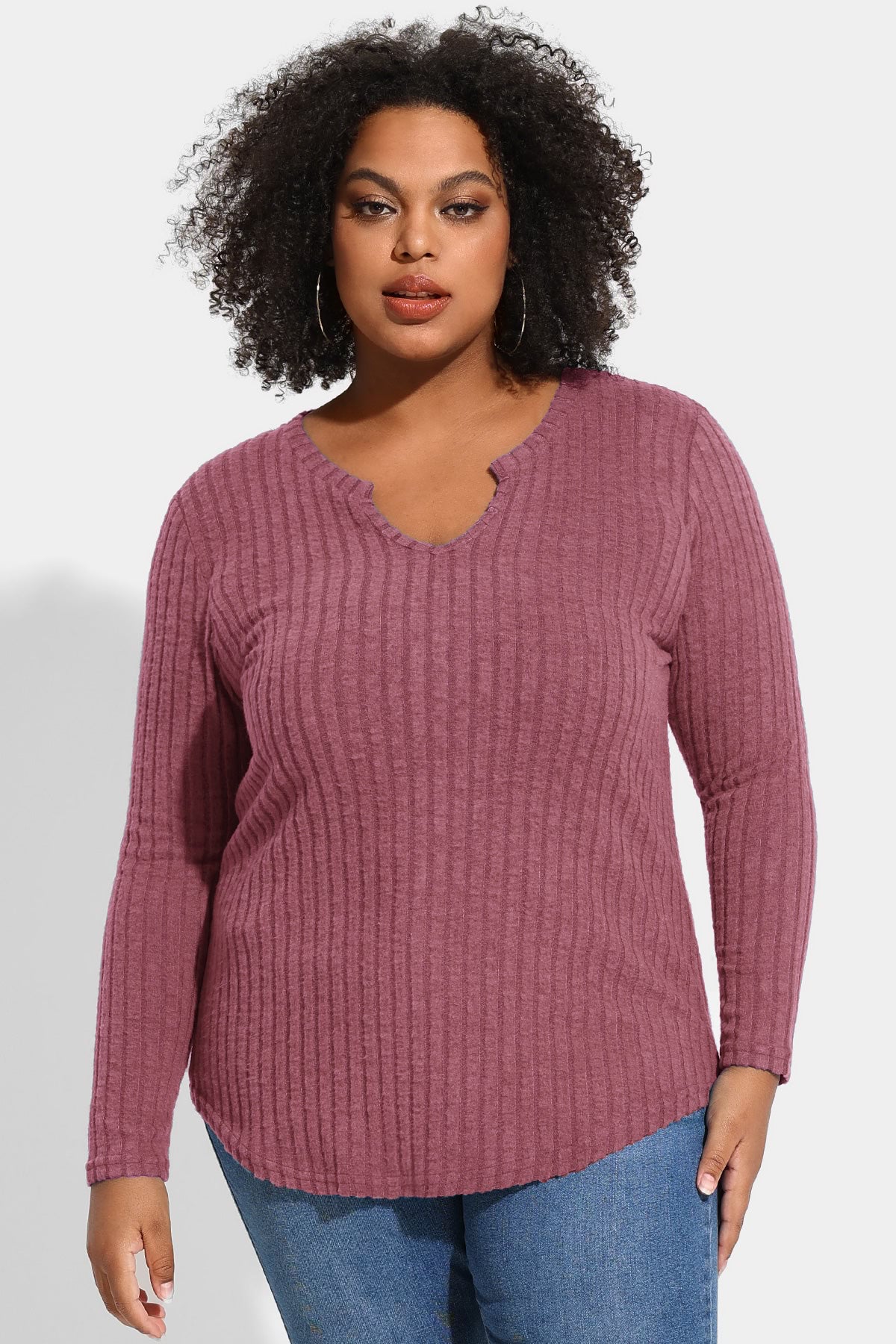 Ritera Texture Velvet Notched Neckline Basic Long Sleeve T-Shirt