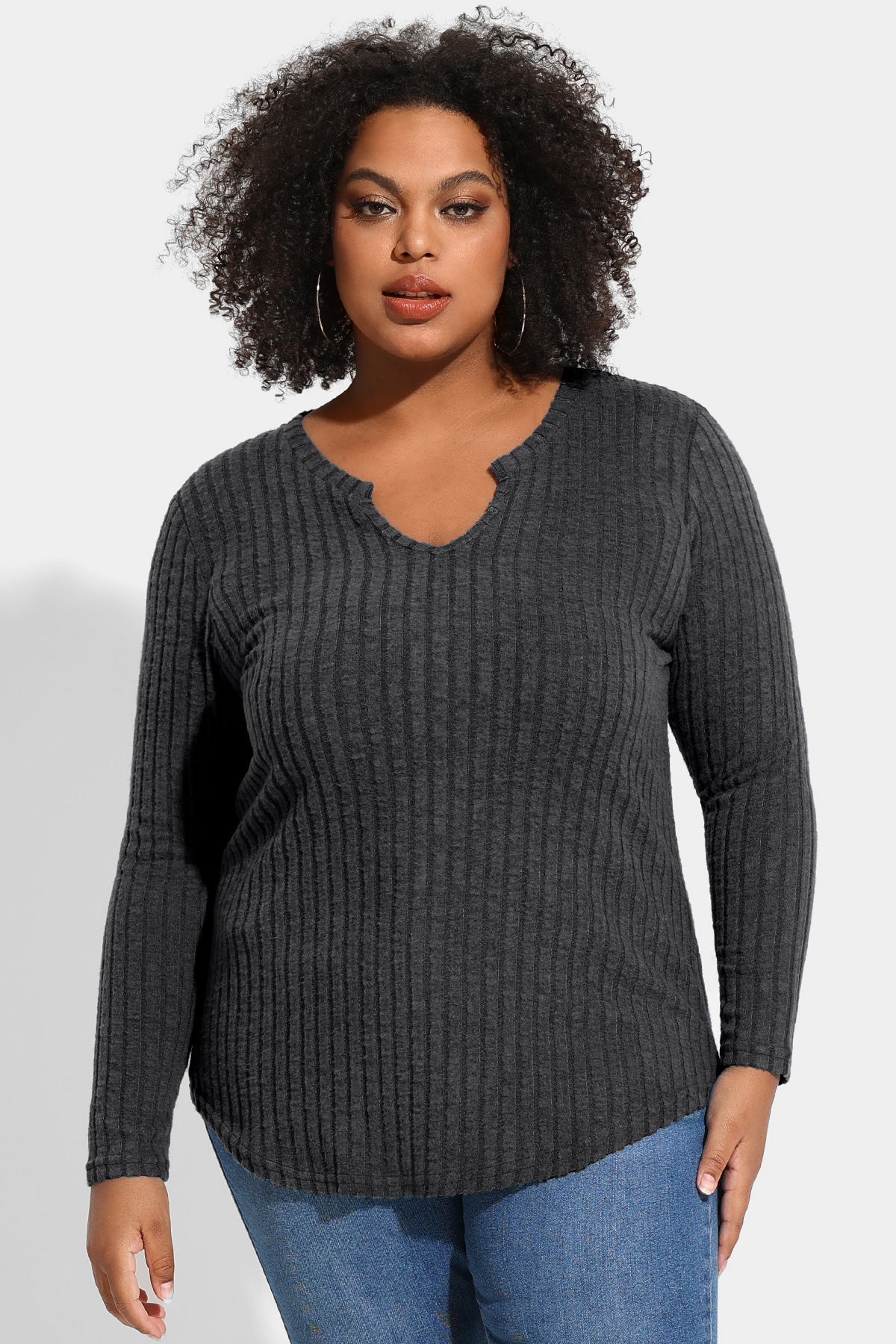 Ritera Texture Velvet Notched Neckline Basic Long Sleeve T-Shirt