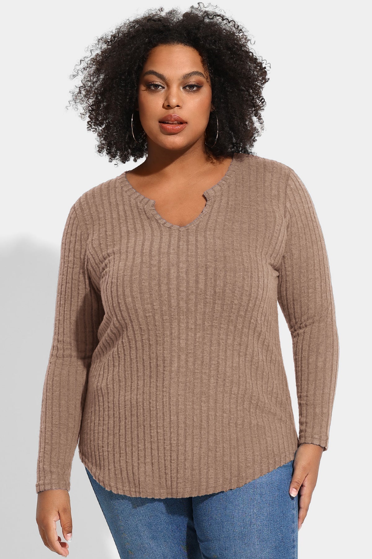 Ritera Texture Velvet Notched Neckline Basic Long Sleeve T-Shirt