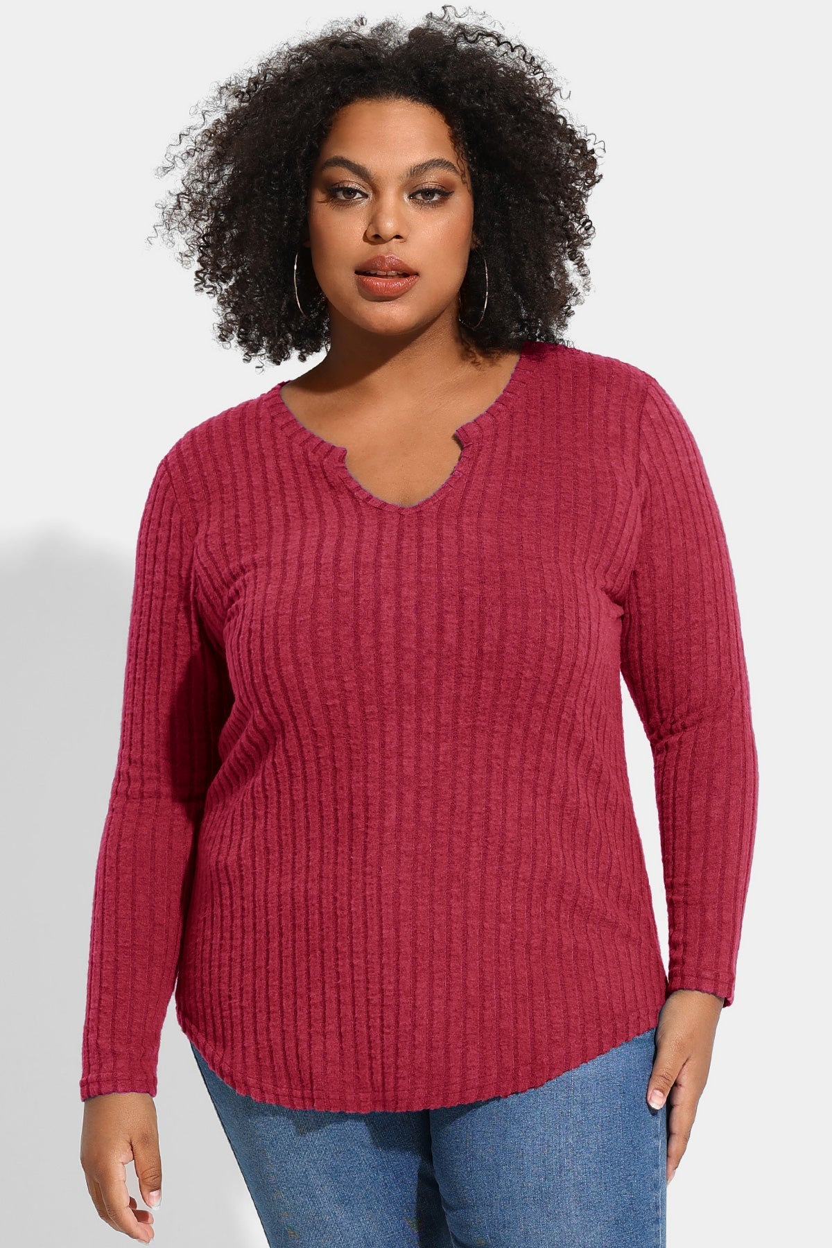 Ritera Texture Velvet Notched Neckline Basic Long Sleeve T-Shirt