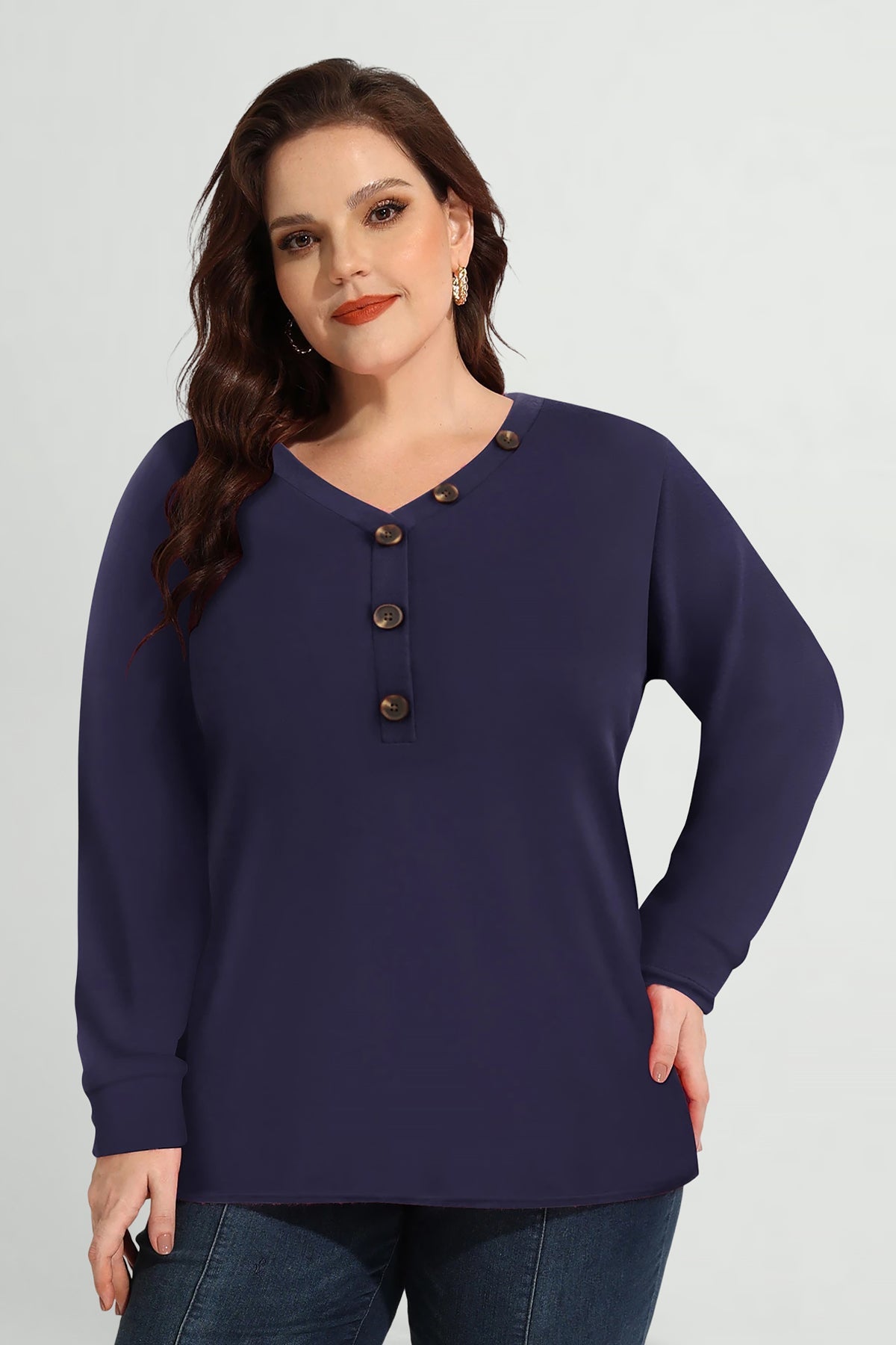 Essential Solid Button V Neck Long Sleeve T-Shirt