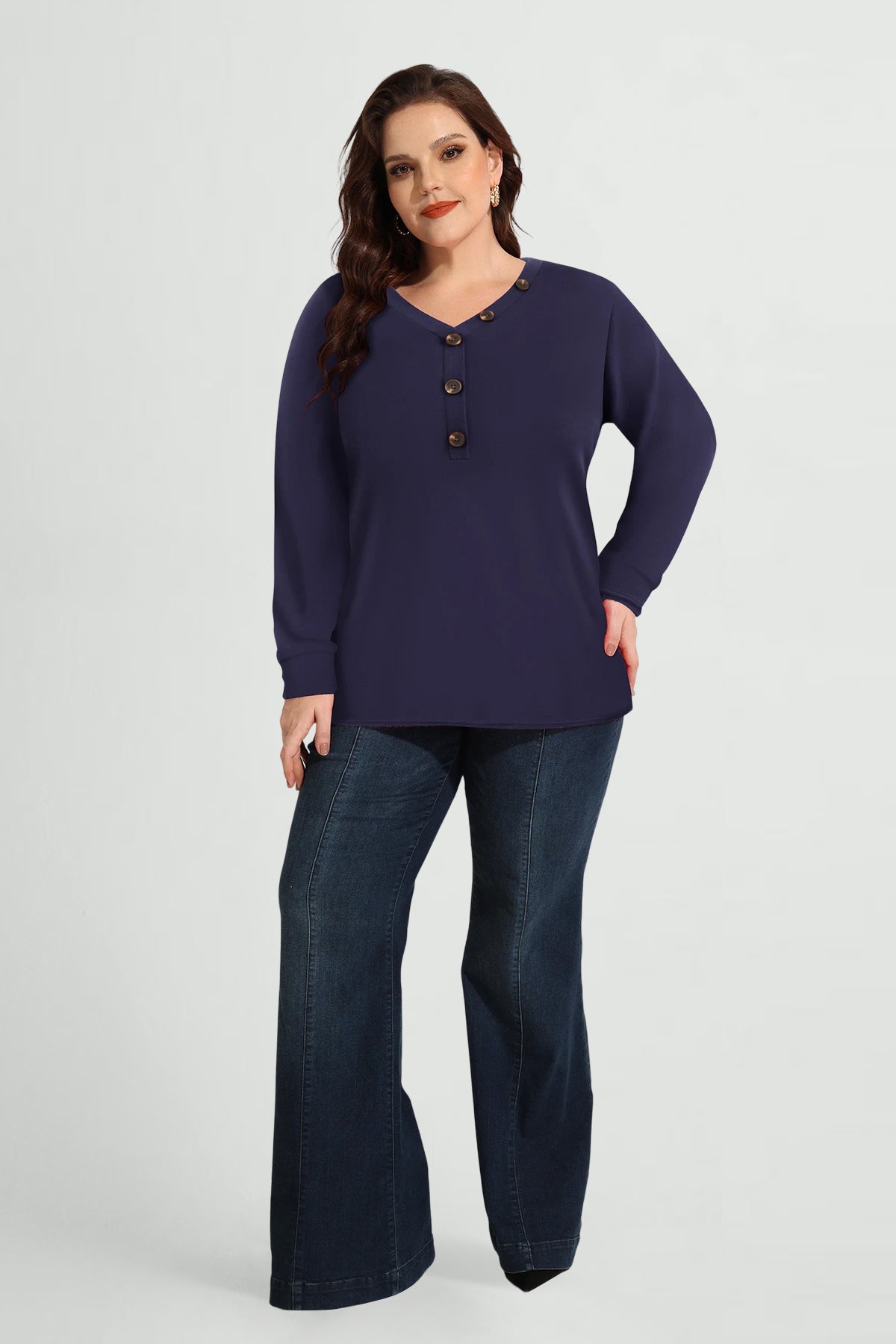 Essential Solid Button V Neck Long Sleeve T-Shirt