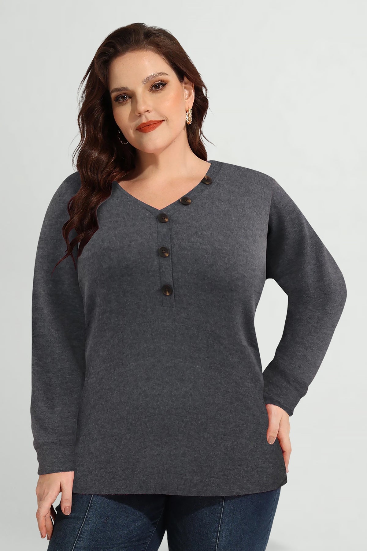 Essential Solid Button V Neck Long Sleeve T-Shirt