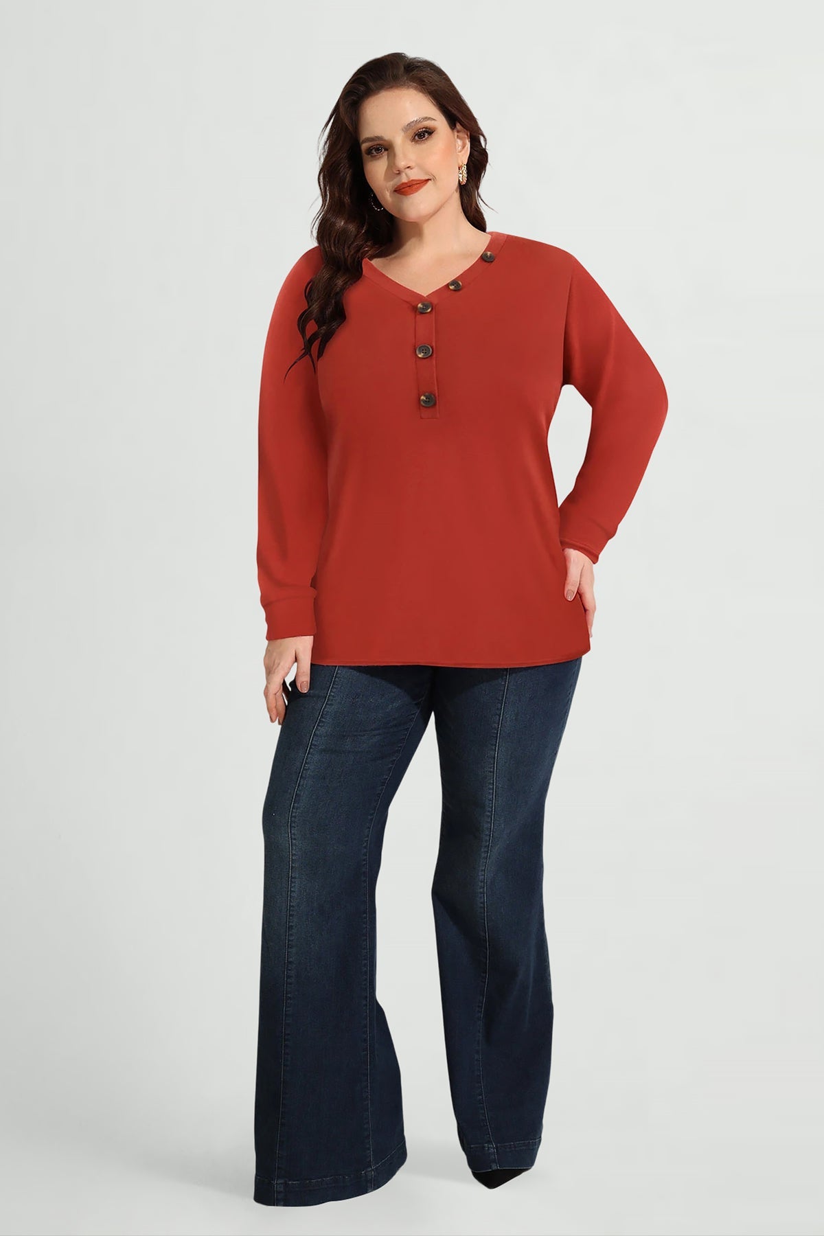 Essential Solid Button V Neck Long Sleeve T-Shirt