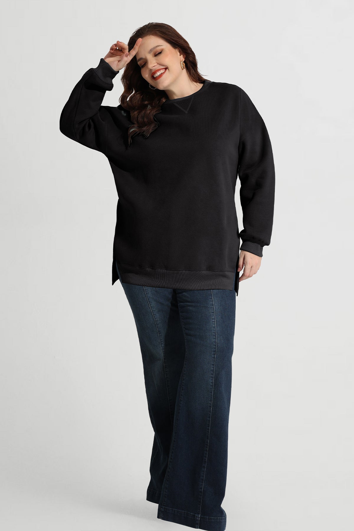 Solid Split Hem Long Sleeve Basic Sweatshirt