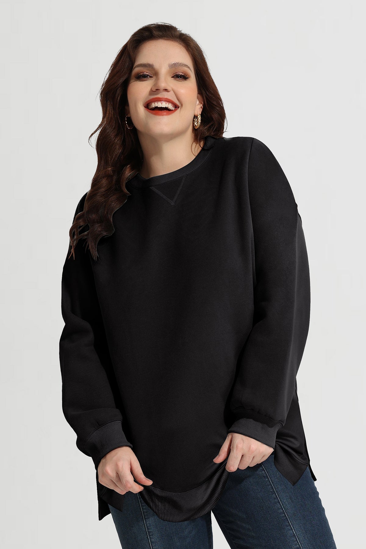 Solid Split Hem Long Sleeve Basic Sweatshirt