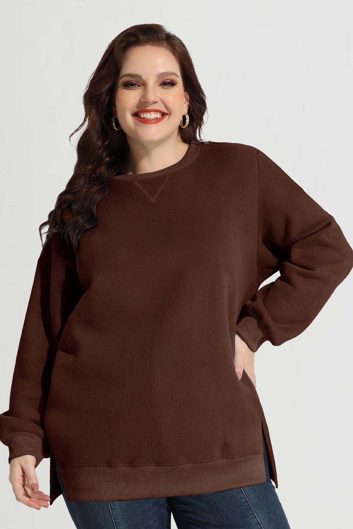 Solid Split Hem Long Sleeve Basic Sweatshirt