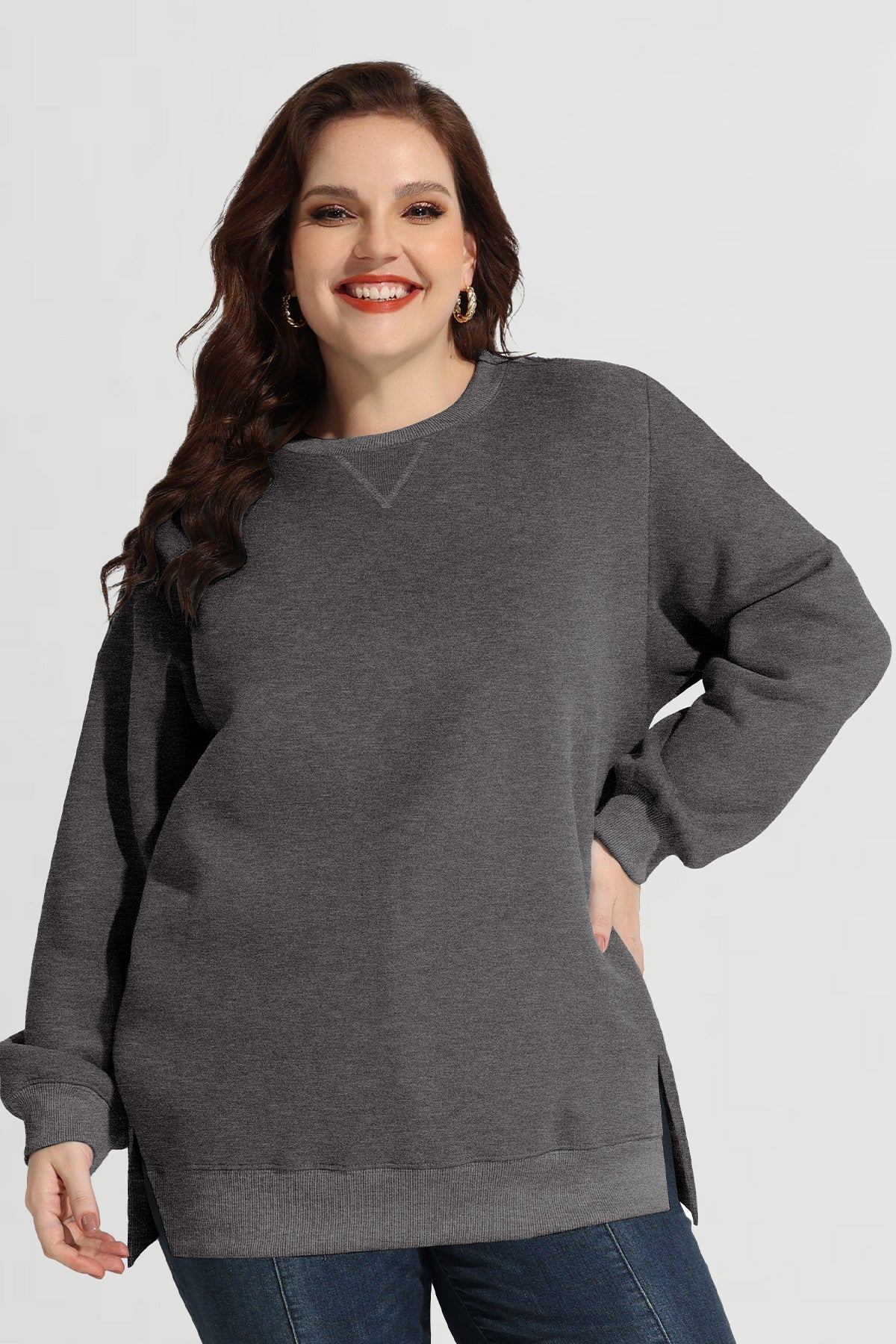 Solid Split Hem Long Sleeve Basic Sweatshirt