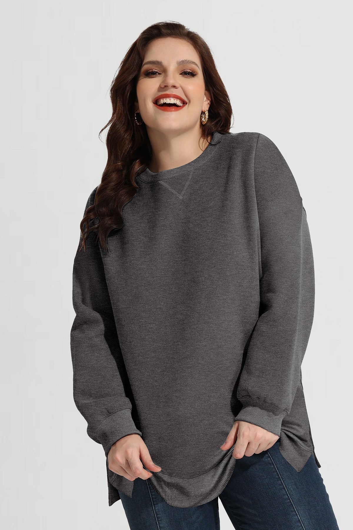 Solid Split Hem Long Sleeve Basic Sweatshirt