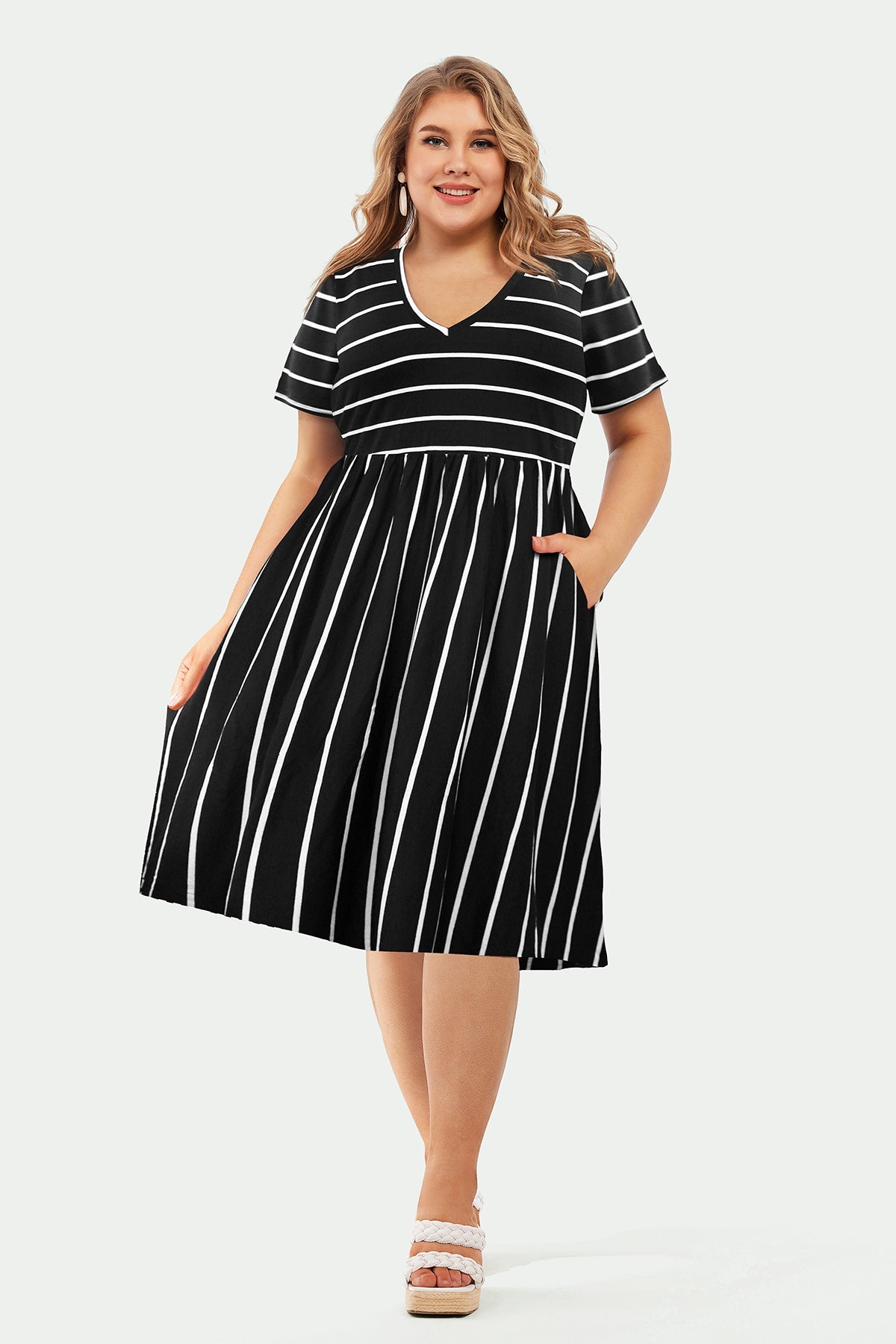 Pockets Elastic Rainbow Striped Midi Dress